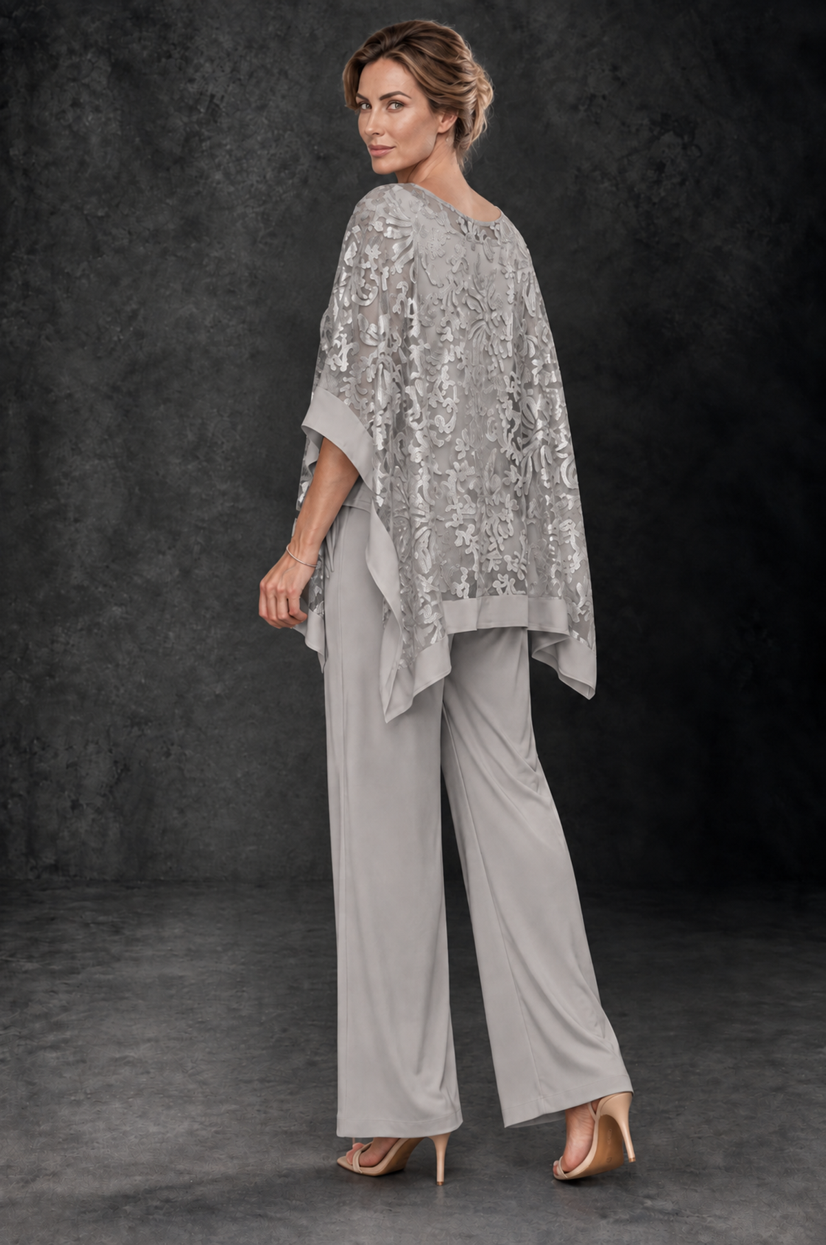 BOLODOO Taupe Floral Cape Mother of the Bride Pant Suit - Taupe - Taupe_2