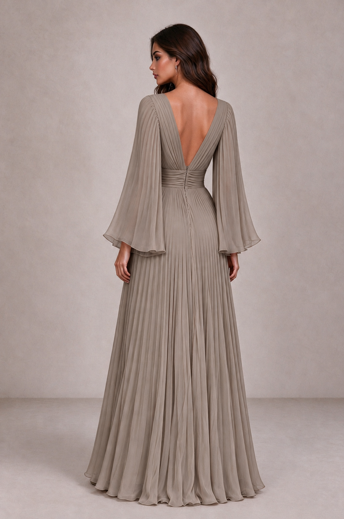 BOLODOO Taupe Pleated Deep V-Neck Long Bell Sleeve Evening Dress - Taupe - Taupe_2
