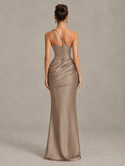 BOLODOO Taupe One-Shoulder Cutout Satin Mermaid Prom Dress - Taupe - Taupe_2