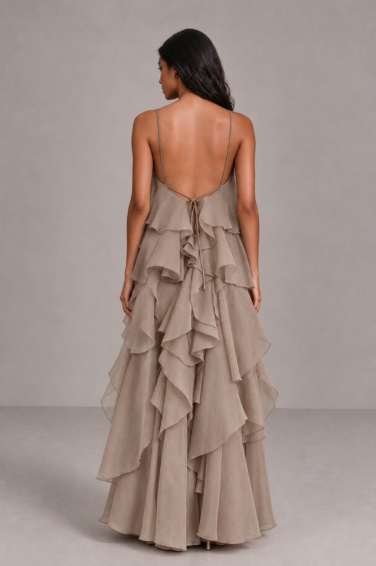 BOLODOO Taupe Cascading Ruffle Rosette Open-Back Maxi Dress - Taupe - Taupe_2