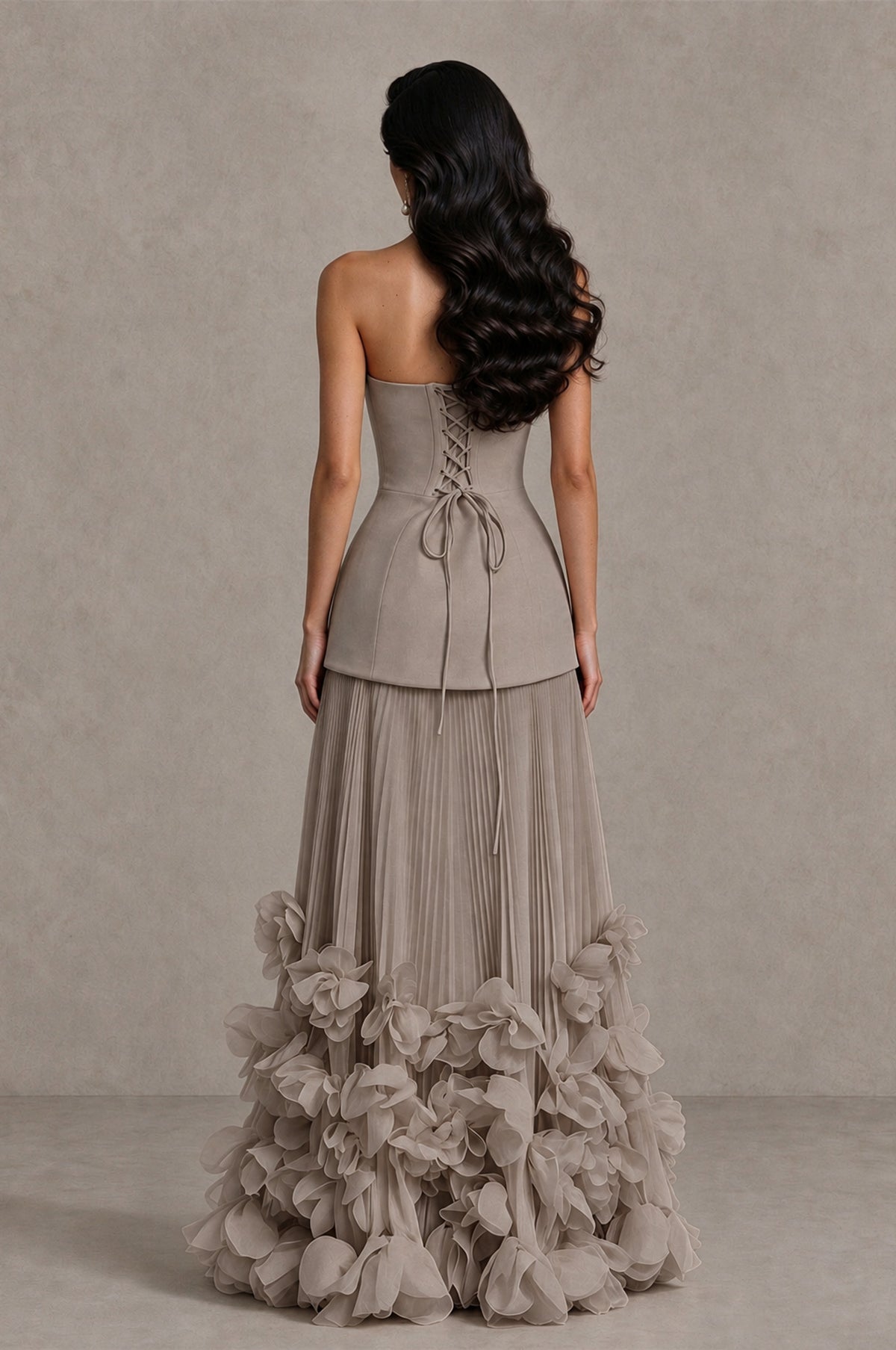 BOLODOO Taupe Strapless Pleated Floral Hem Evening Gown - Taupe - Taupe_2
