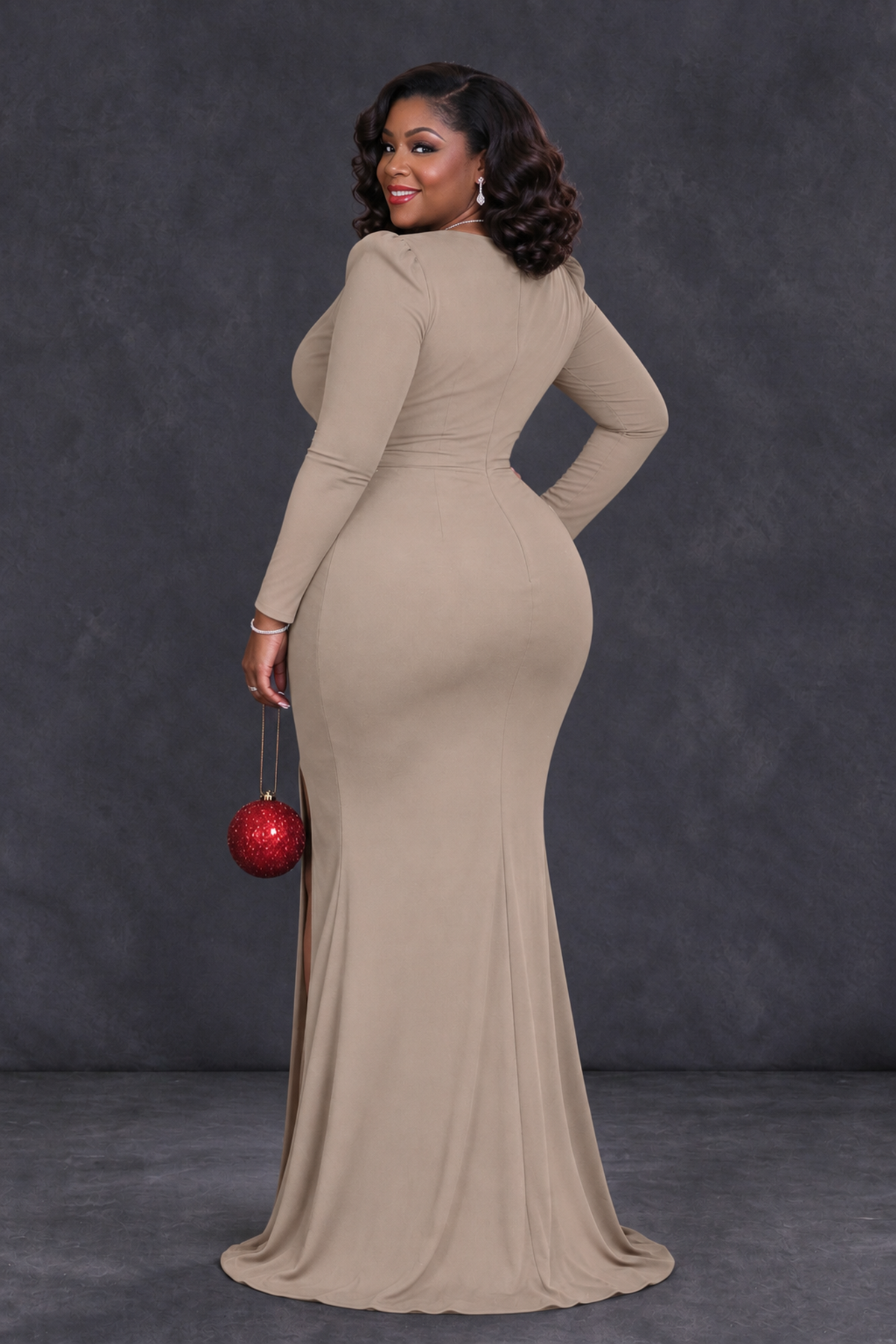 BOLODOO Taupe Plus Size Long Sleeve V-Neck Mother of the Bride Dress with Slit - Taupe - Taupe_2