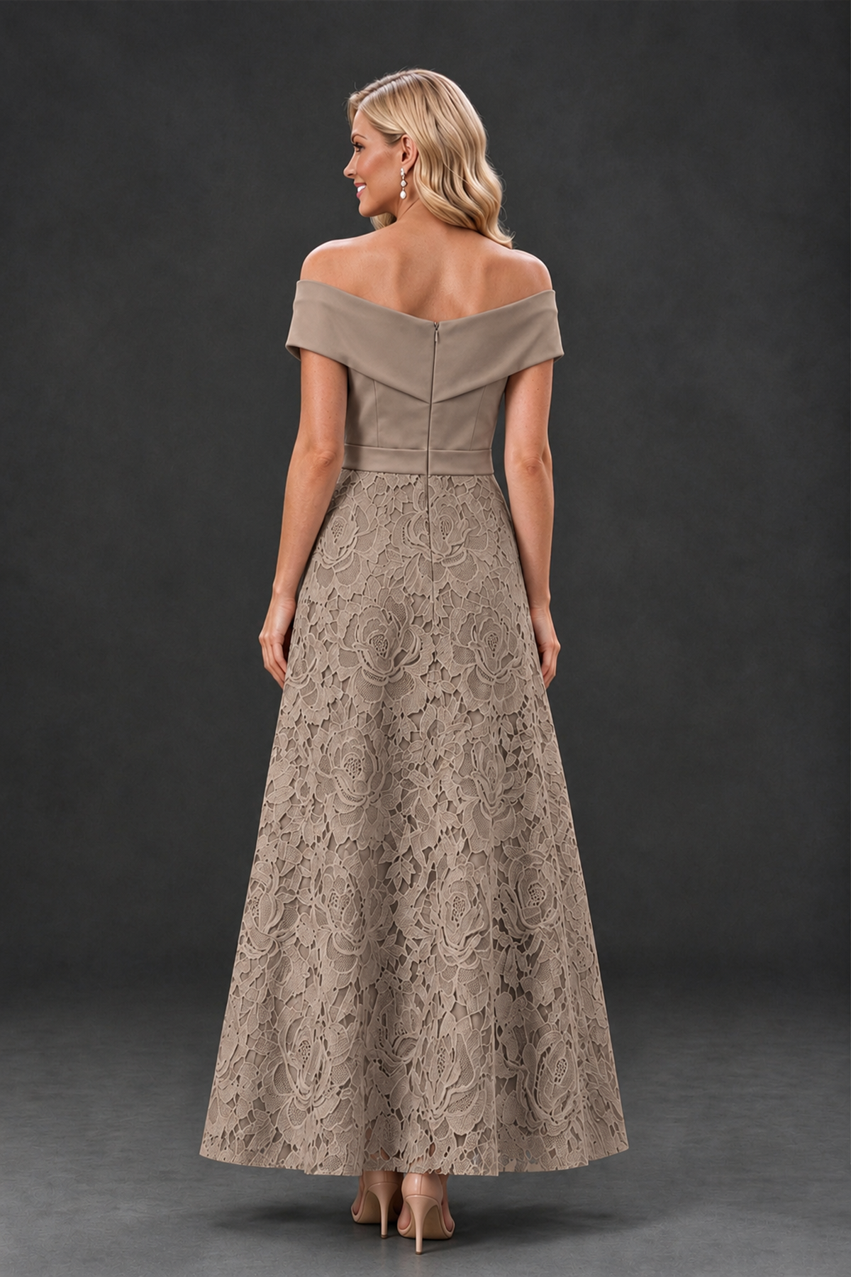 BOLODOO Taupe Off-the-Shoulder Floral A-Line Mother of the Bride Dress - Taupe - Taupe_2