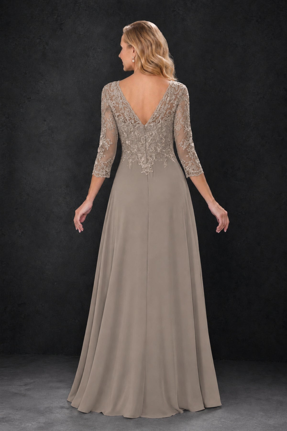 BOLODOO Taupe Lace Embroidered Mother of the Bride Dress with 3/4 Sleeves - Taupe