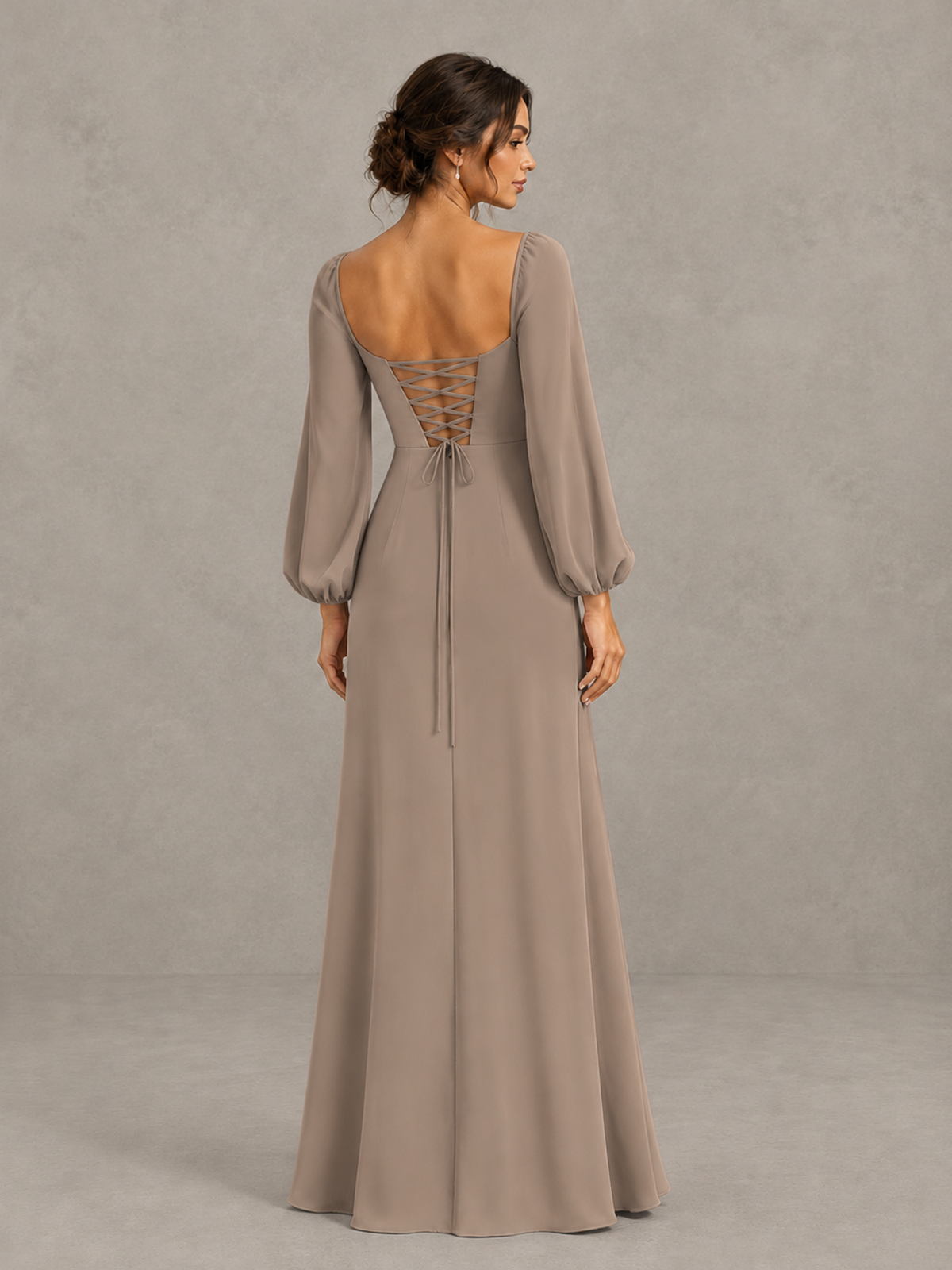 BOLODOO Taupe Square Neck Long Sleeve Bridesmaid Dress with High Slit - Taupe - Taupe_2