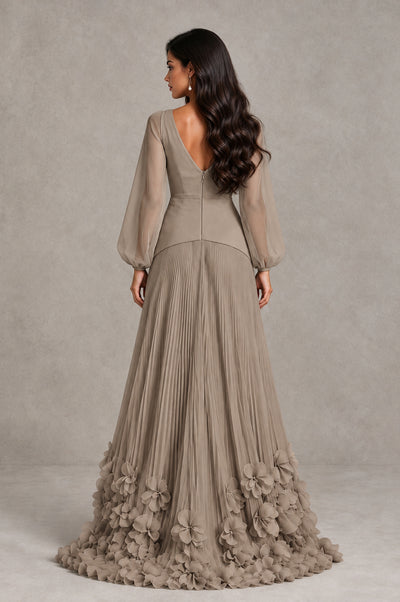 BOLODOO Taupe V-Neck Long Sleeve Pleated Floral Hem Evening Dress - Taupe - Taupe_2