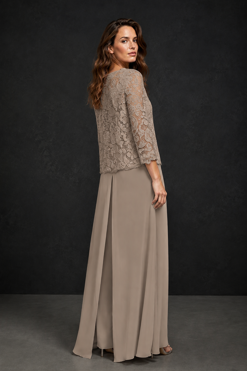 BOLODOO Taupe Grey Lace Peplum Top & Wide-Leg Chiffon Pants Set | Mother of the Bride & Formal Evening Outfit - Taupe