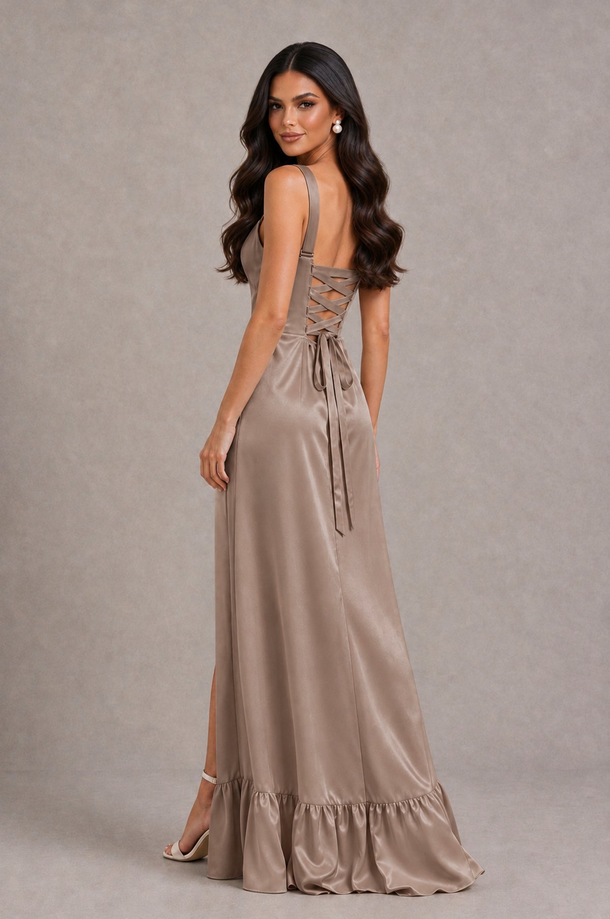 BOLODOO Taupe Square Neck Satin Evening Dress with Lace-Up Back and High Slit - Taupe - Taupe_2