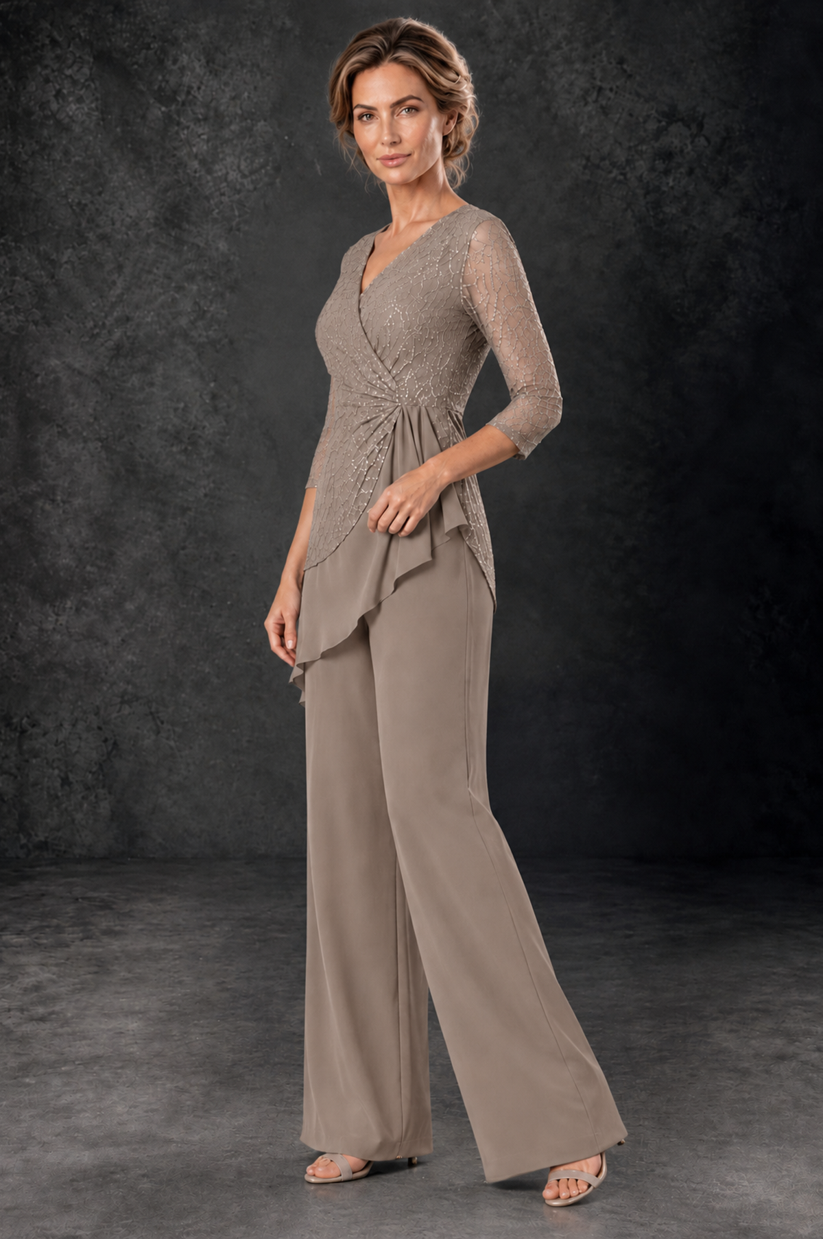 BOLODOO Taupe Sequin Lace 3/4 Sleeve Chiffon Mother of the Bride Pant Suit - Taupe - Taupe_2