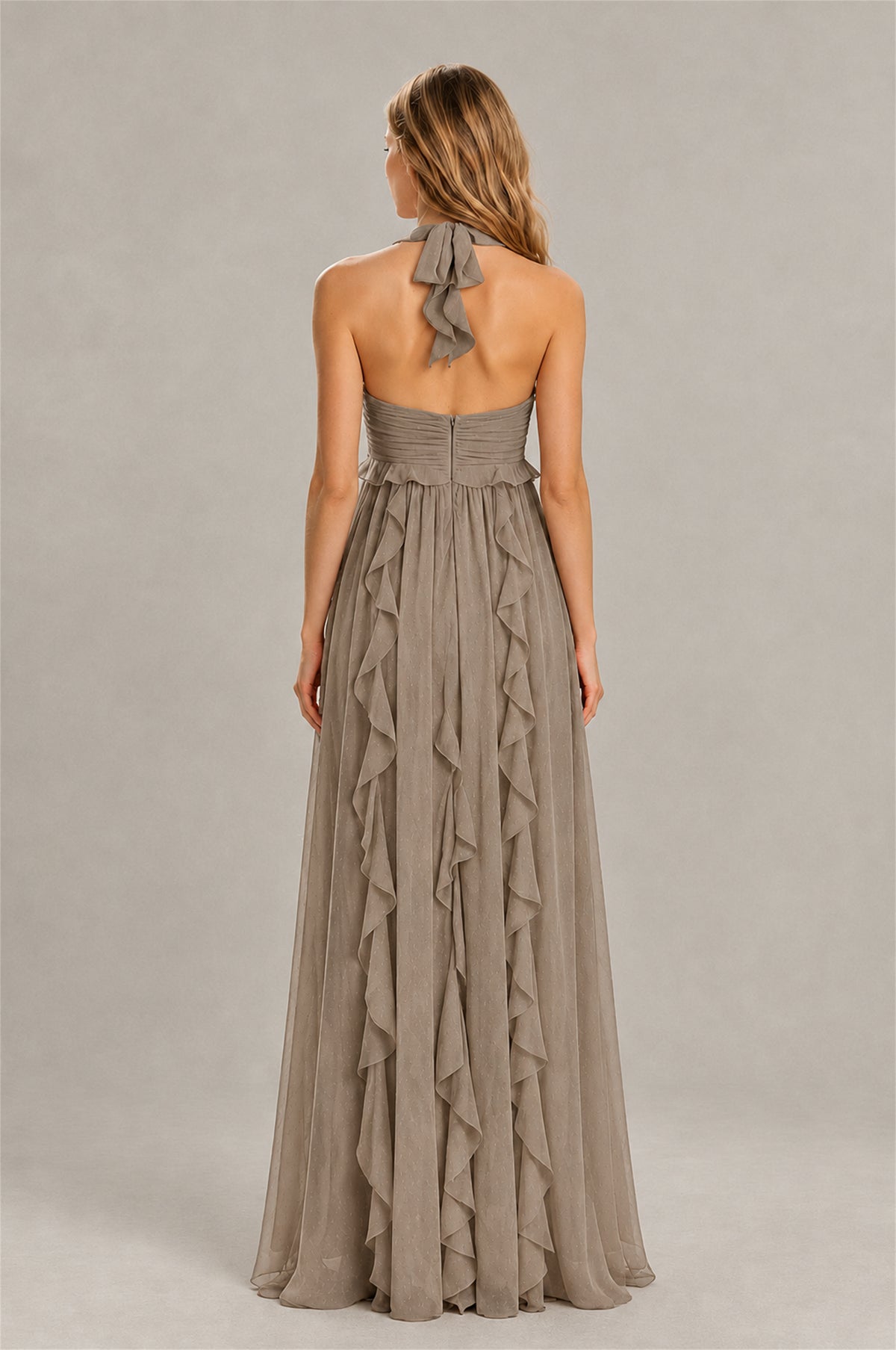 BOLODOO Taupe Halter Ruffle A-Line Floor-Length Evening Dress - Taupe - Taupe_2