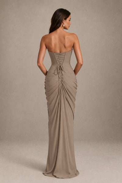 BOLODOO Strapless Draped Maxi Dress - Taupe Backless Evening Gown with High Slit - Taupe - Taupe_2