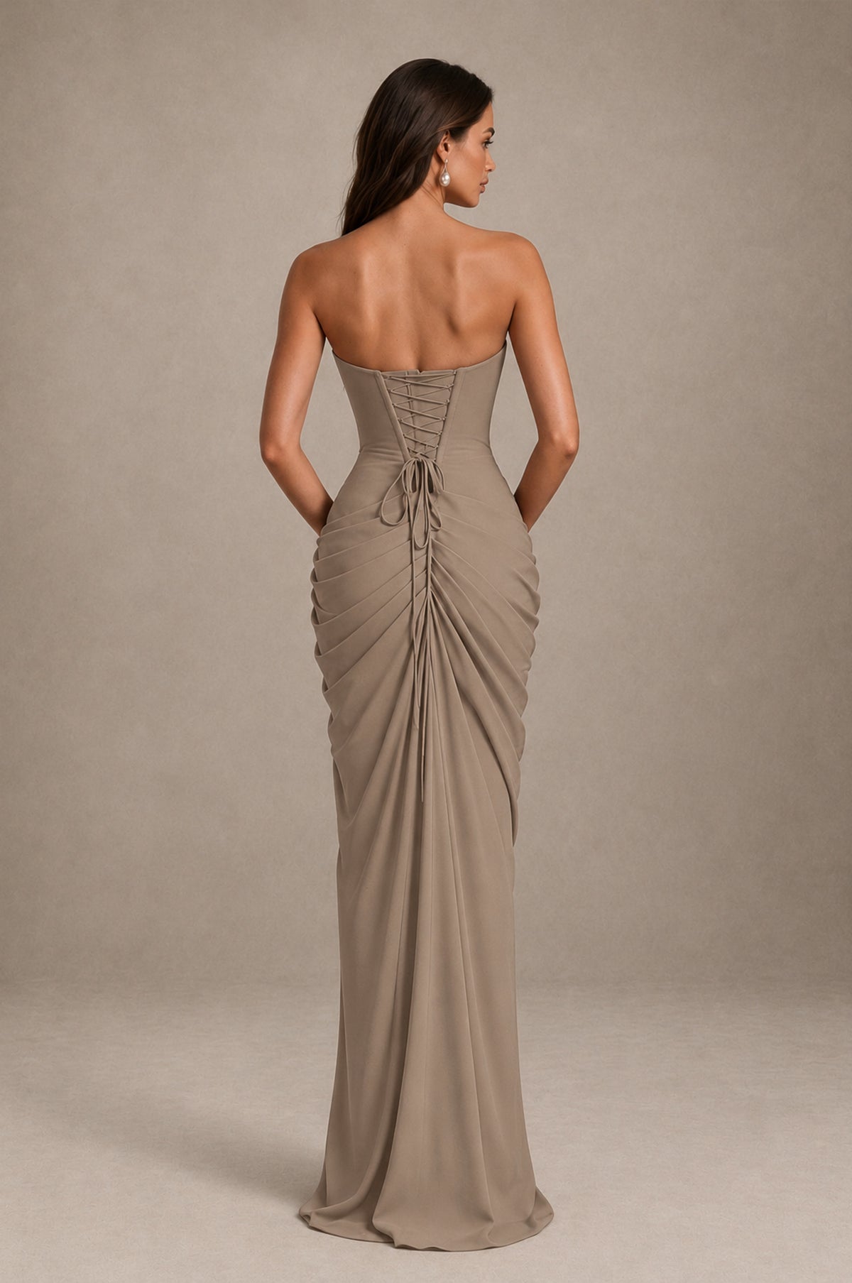 BOLODOO Strapless Draped Maxi Dress - Taupe Backless Evening Gown with High Slit - Taupe - Taupe_2