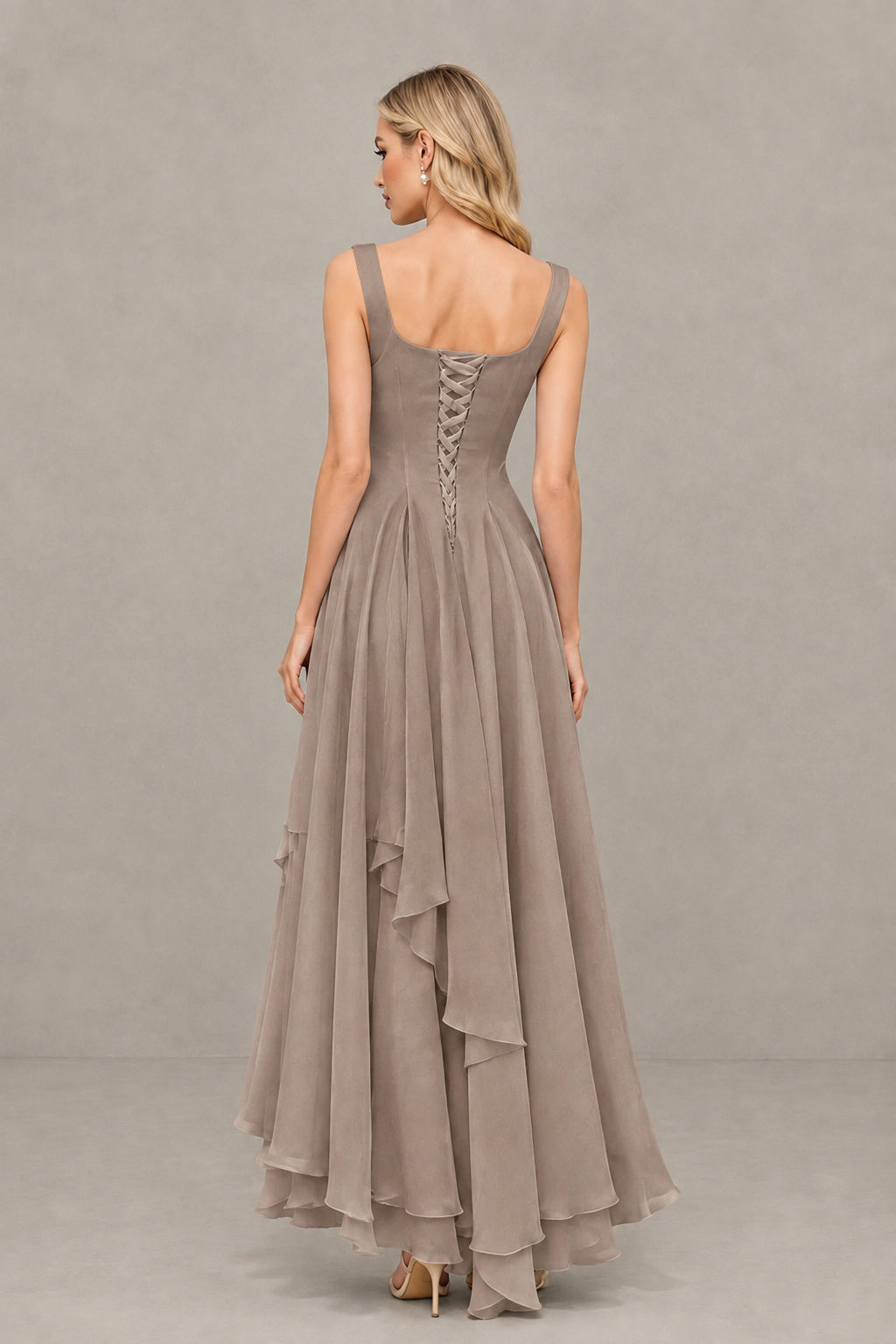 BOLODOO Taupe Square Neck Chiffon Bridesmaid Dress with Lace-Up Back - Taupe
