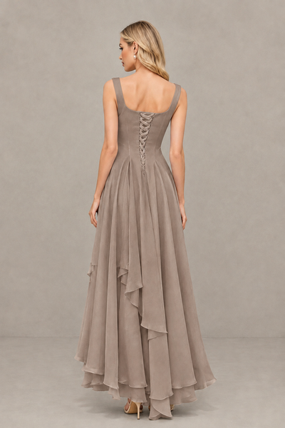 BOLODOO Taupe Square Neck Chiffon Bridesmaid Dress with Lace-Up Back - Taupe