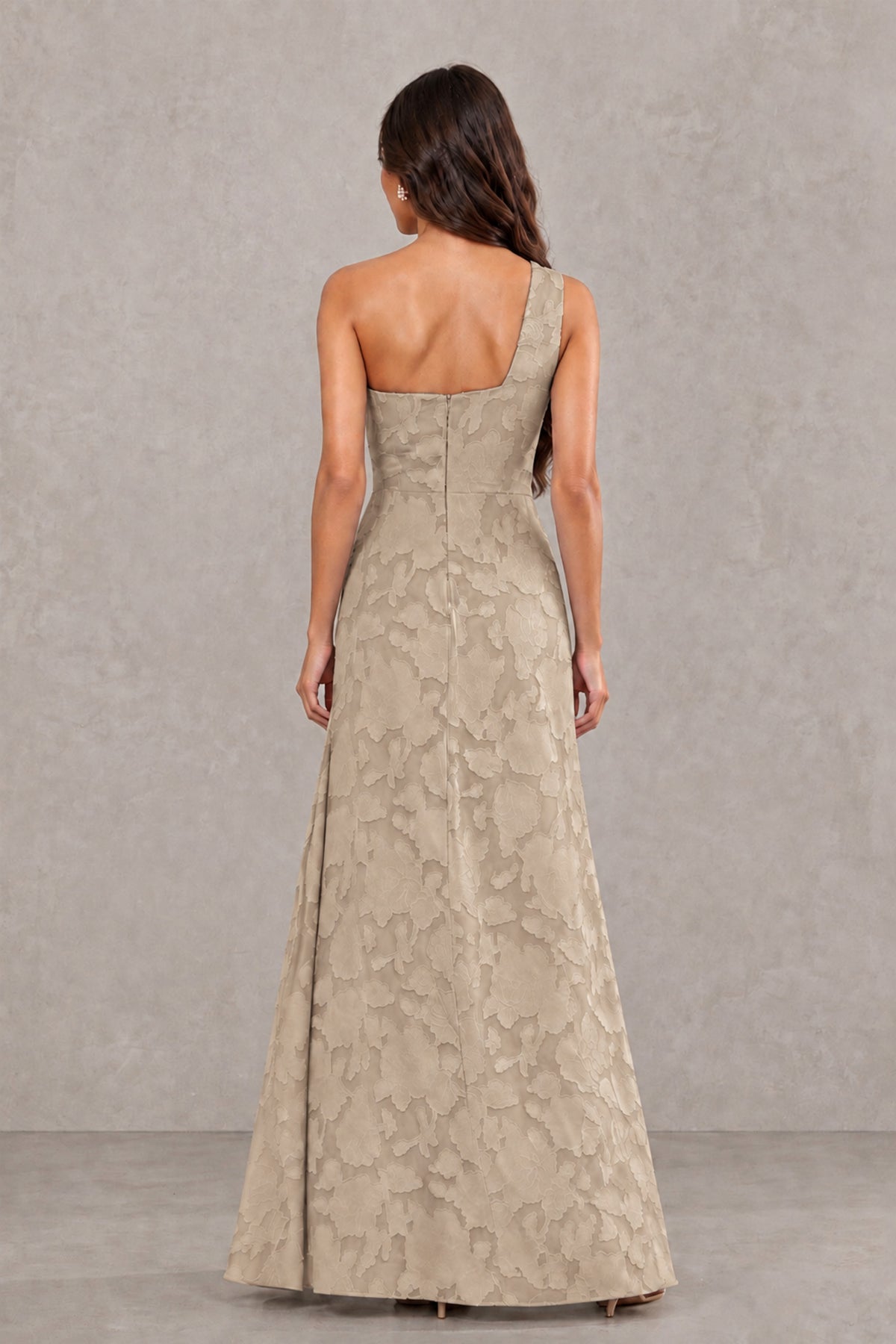 BOLODOO Taupe One-Shoulder Floral Textured Maxi Dress with High Slit - Taupe - Taupe_2