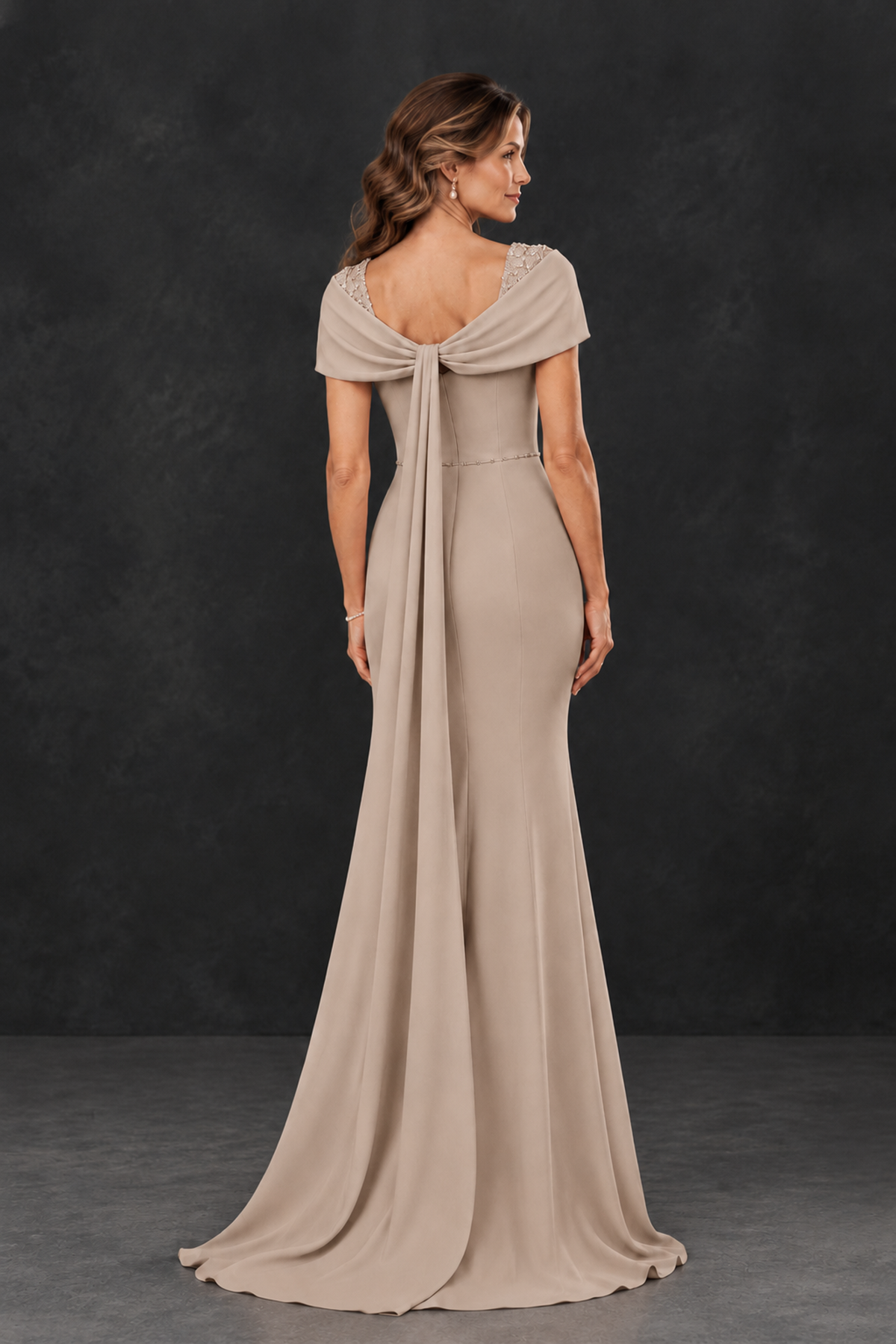 BOLODOO Taupe Mother of the Bride Dress with Draped Cape Detail - Taupe - Taupe_2