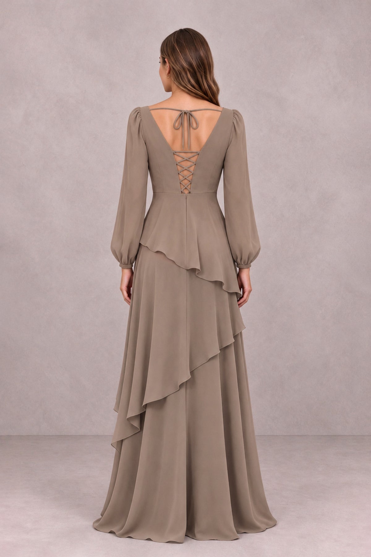 BOLODOO Taupe Long Sleeve Ruffle Bridesmaid Dresses - Taupe - Taupe_2