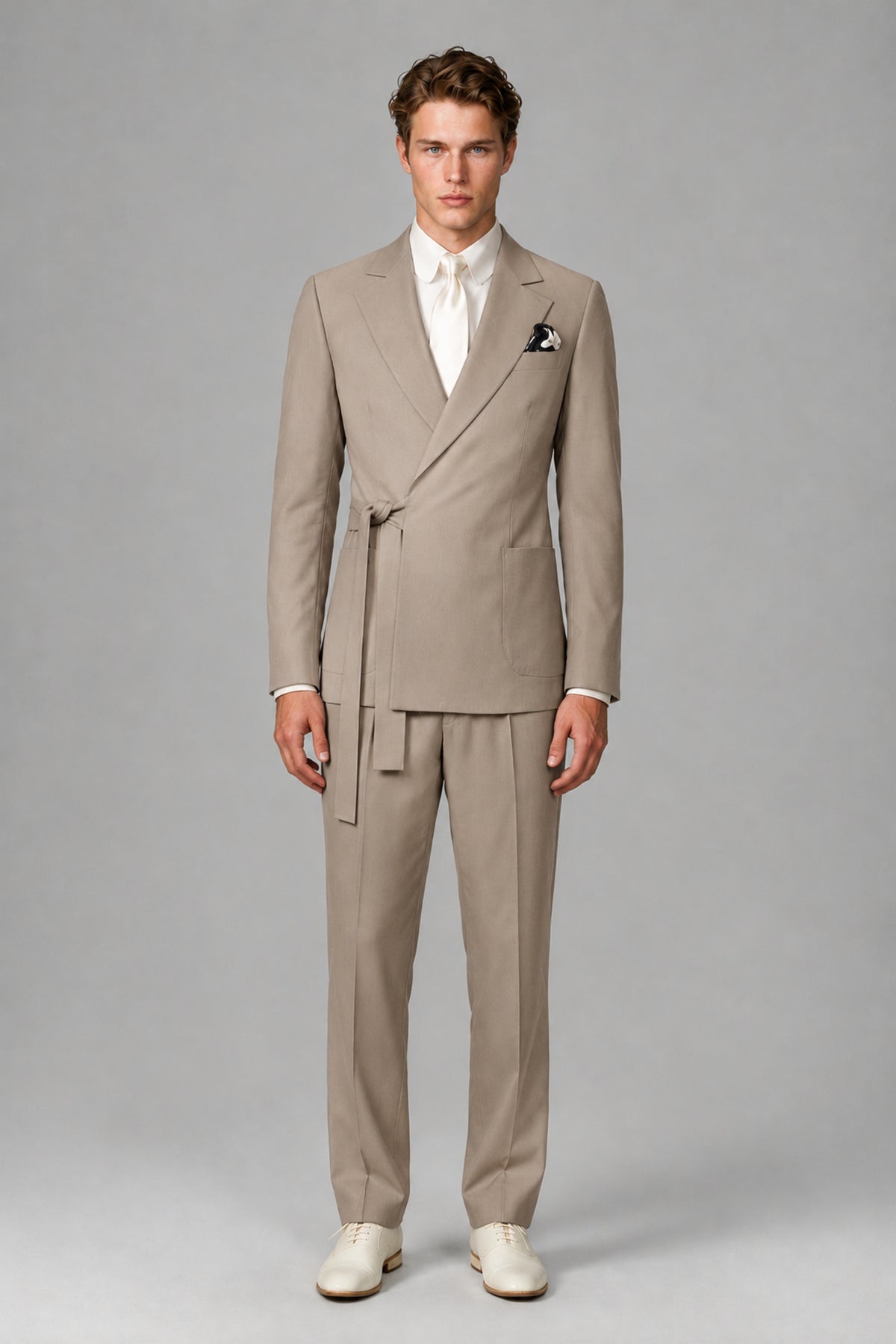 Bolodoo Men's Taupe Wrap Tie-Waist Two-Piece Suit – Jacket & Trousers - Taupe - Taupe_2