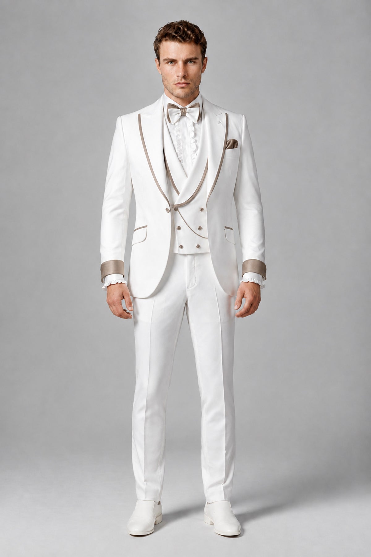 Bolodoo Men's White and Taupe Three-Piece Wedding Tuxedo Suit - Taupe - Taupe_2