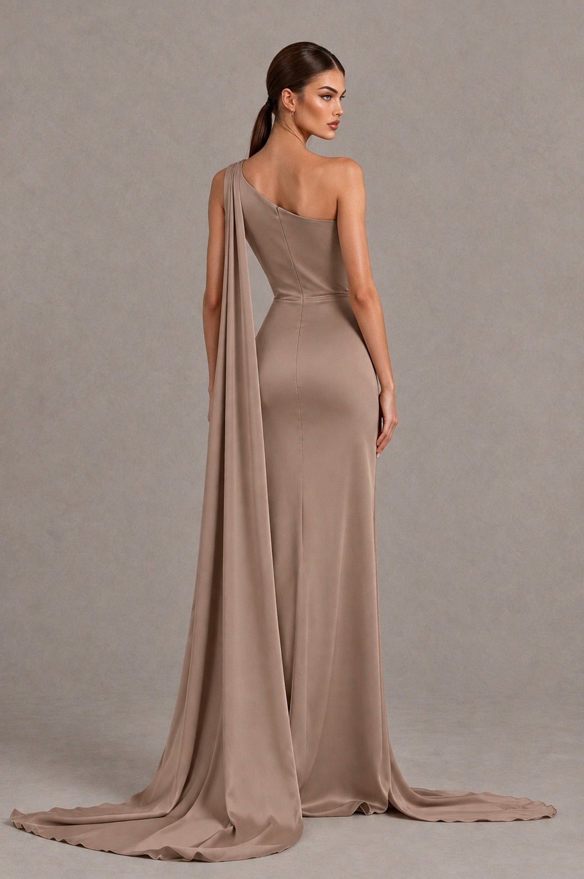 BOLODOO Taupe One Shoulder Satin Evening Dress with High Slit and Draped Cape Train - Taupe - Taupe_2