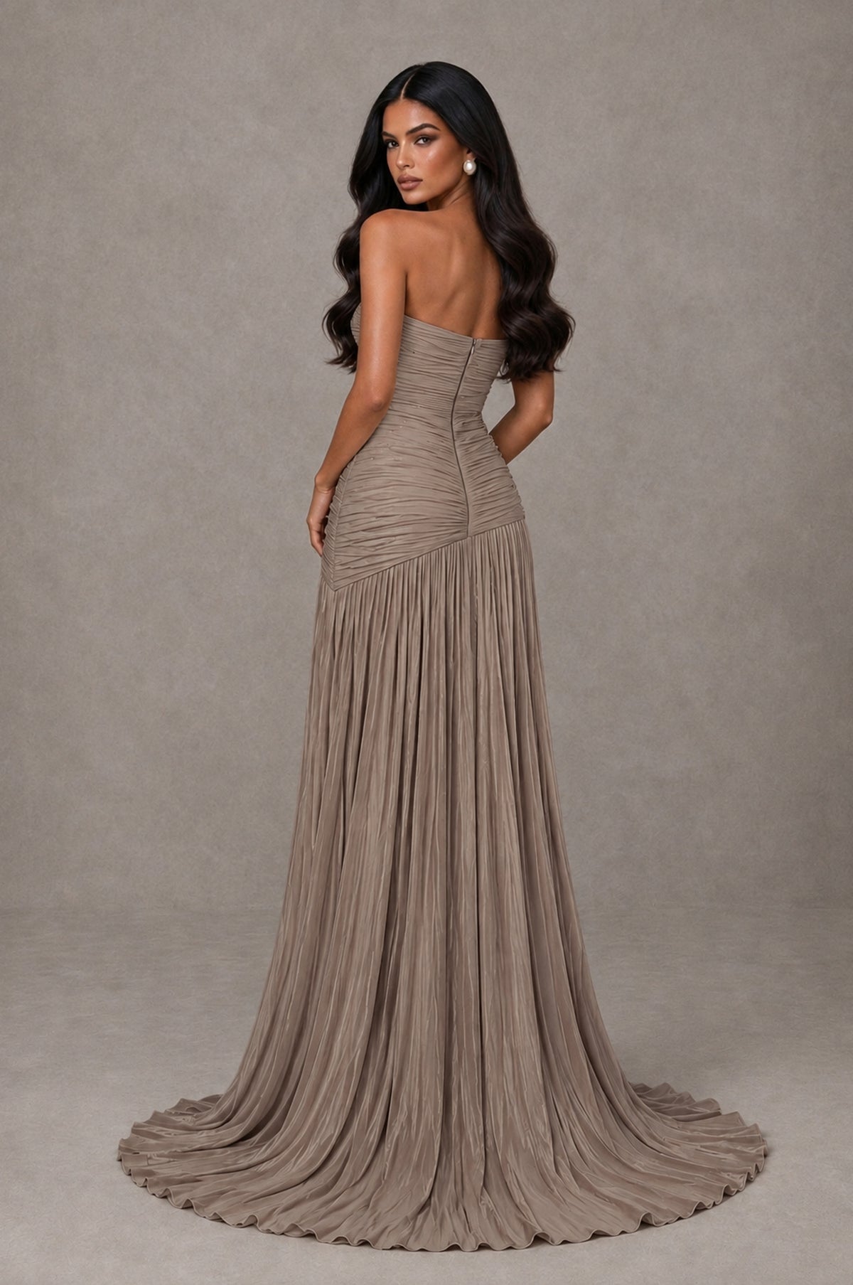 BOLODOO Taupe Metallic Ruched Strapless Pleated A-Line Backless Maxi Dress with Train - Taupe - Taupe_2