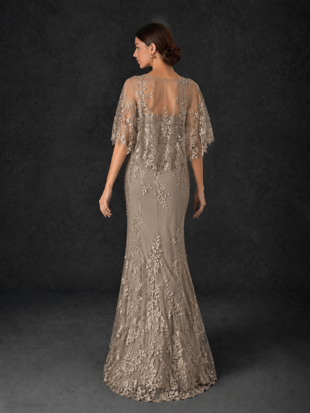 BOLODOO Mocha Taupe Botanical Lace Flutter Sleeve Mermaid Gown - Taupe