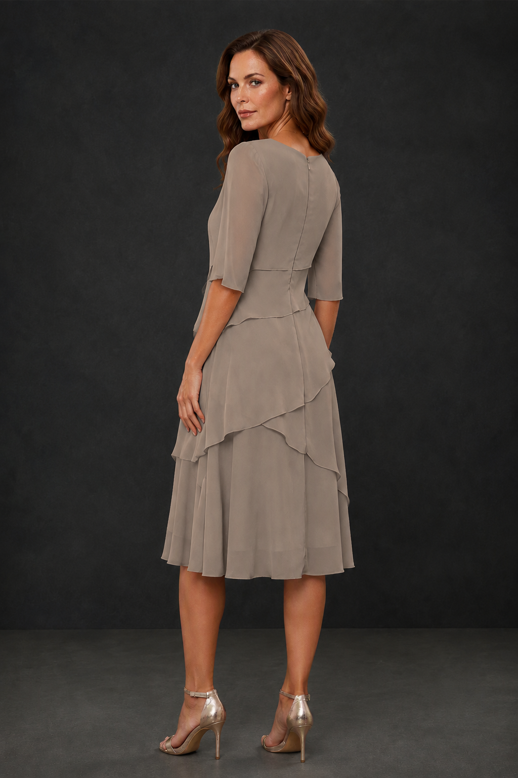 BOLODOO Taupe Chiffon 3/4 Sleeve Asymmetric Tiered Tea Length Dress | Mother of the Bride Midi Dress - Taupe