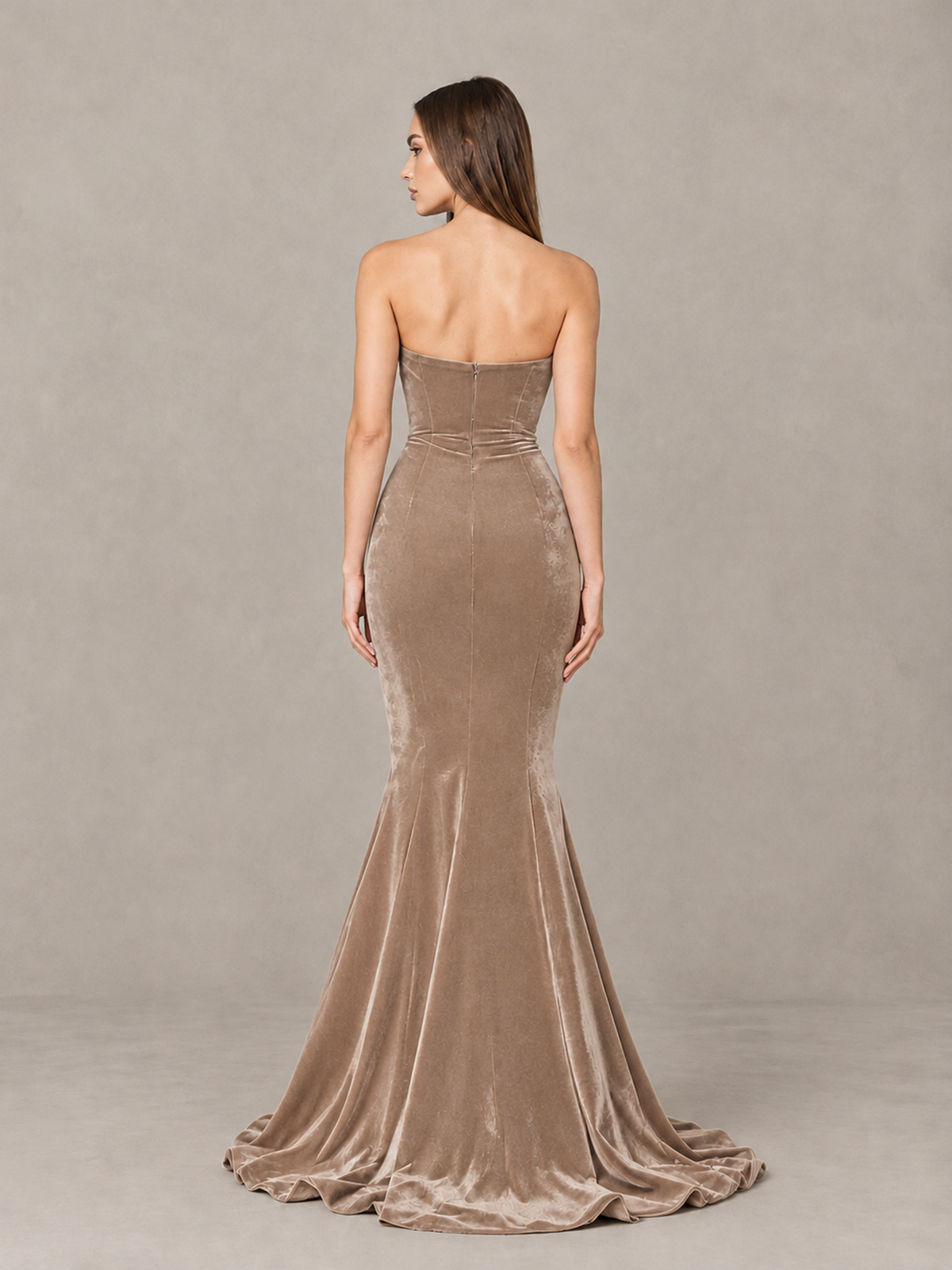 BOLODOO Taupe Strapless Sweetheart Velvet-Look Mermaid Evening Dress - Taupe - Taupe_2