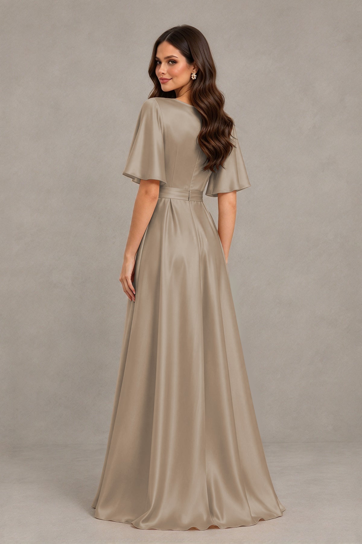 BOLODOO Taupe Satin V-Neck Flutter Sleeve Bridesmaid Dress with Slit - Taupe - Taupe(2)