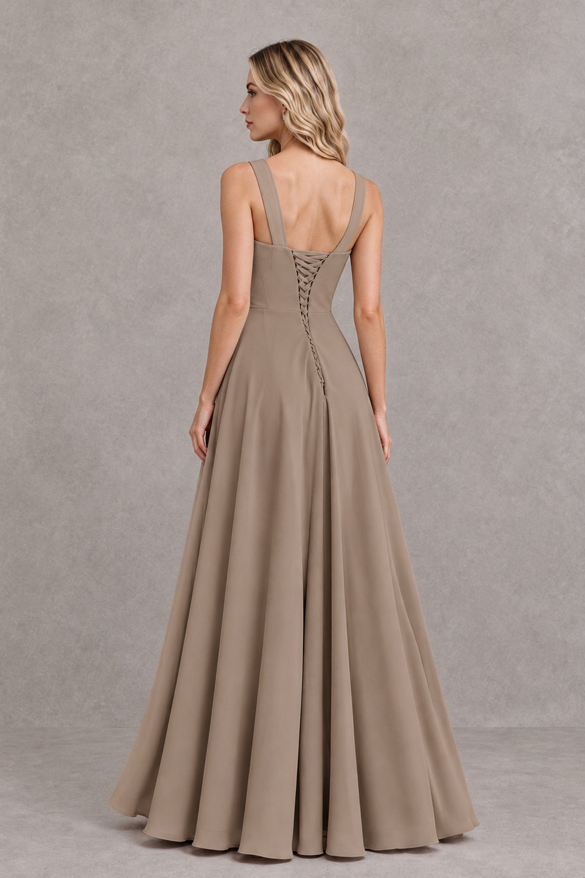 BOLODOO Taupe Square Neck Ruffle A-Line Bridesmaid Dress with Slit - Taupe - Taupe_2