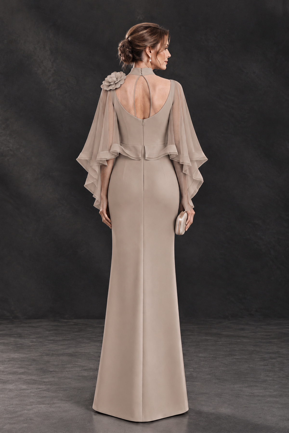 BOLODOO Taupe Floral Cape Sleeve Mother of the Bride Dress - Taupe - Taupe_2