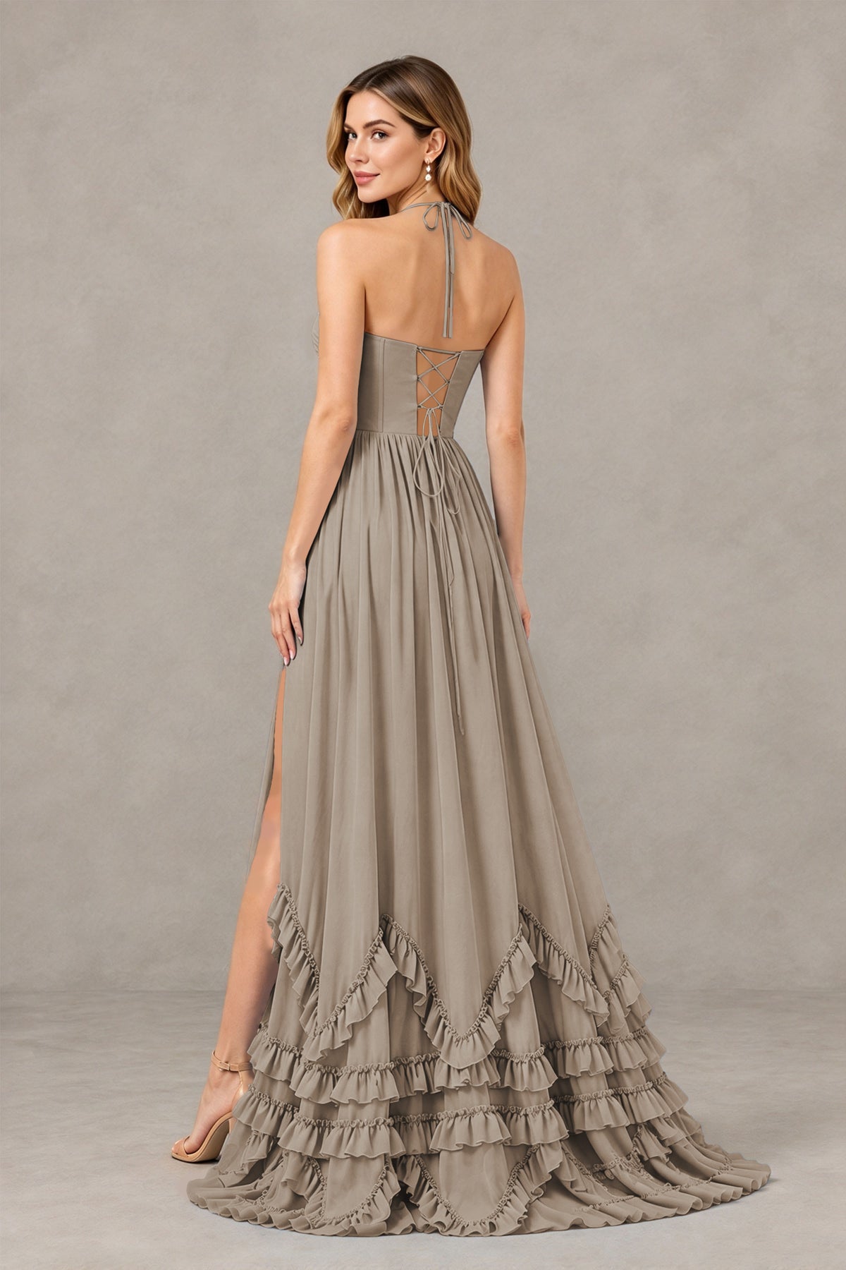 BOLODOO Taupe Halter Ruffle Hem A-Line Bridesmaid Dress with High Slit - Taupe - Taupe(2)