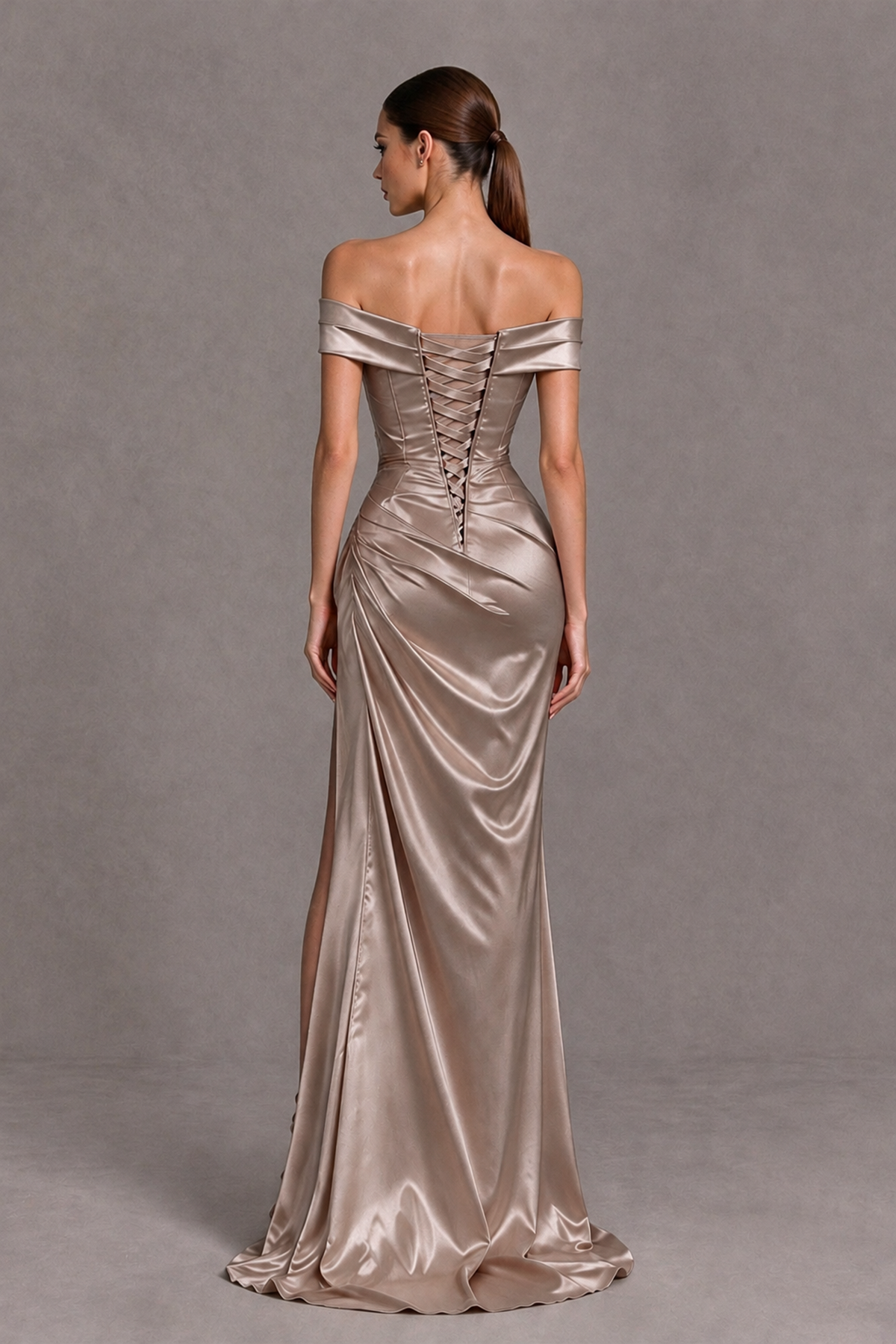 BOLODOO Taupe Off-the-Shoulder Ruched Satin Prom & Evening Dress with High Slit - Taupe - Taupe_2