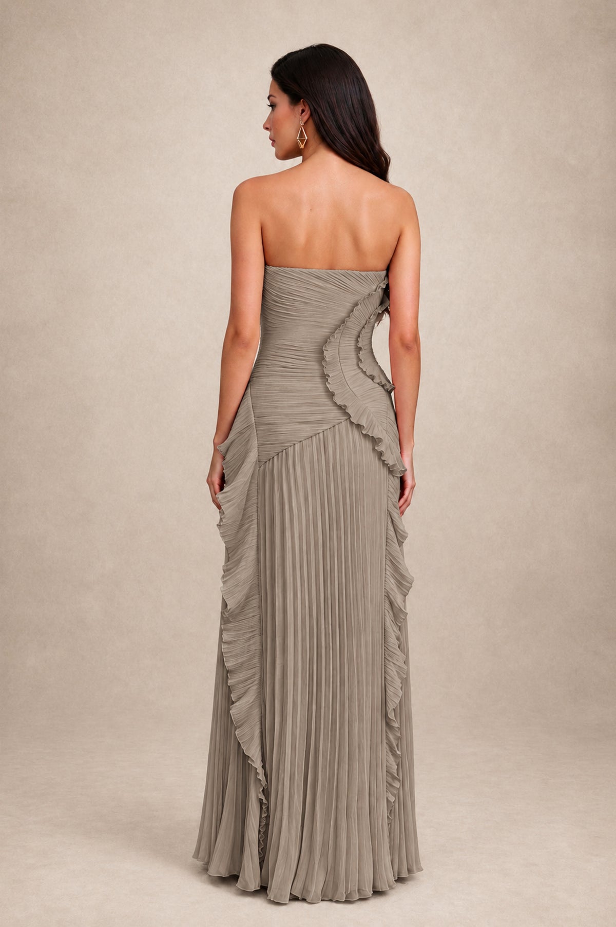 BOLODOO Taupe Strapless Ruffle Pleated Slit Evening Gown - Taupe - Taupe_2