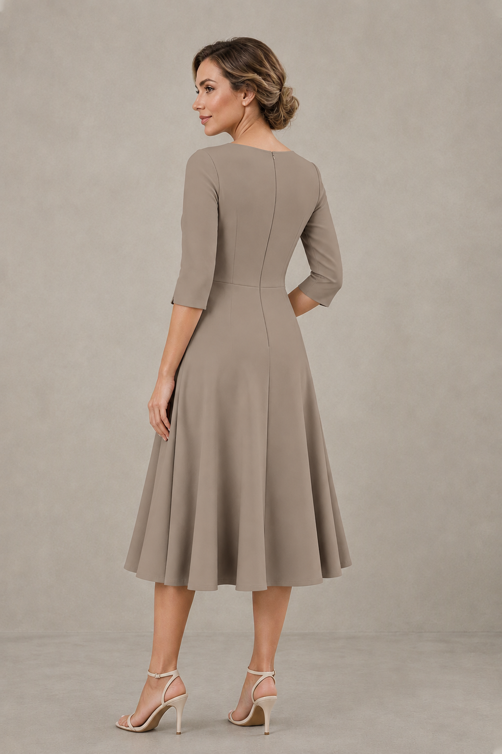 BOLODOO Taupe 3/4 Sleeve A-Line Dress with Floral Embroidery – Mother of the Bride & Wedding Guest Dress - Taupe