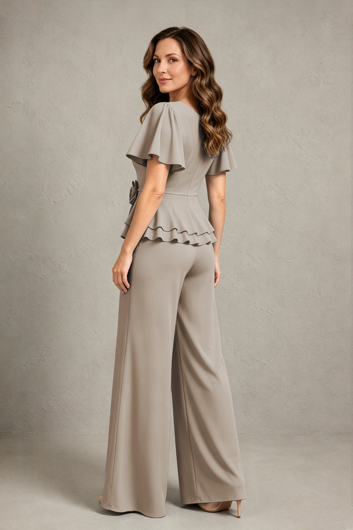 BOLODOO Taupe Flutter Sleeve Peplum Wide-Leg Pant Suit - Taupe