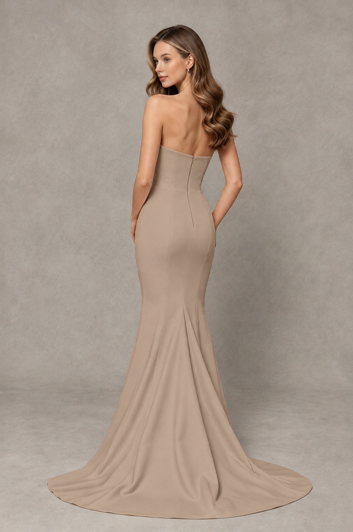 BOLODOO Taupe Strapless Mermaid Evening Dress with Ruffle Slit and Train - Taupe - Taupe_2