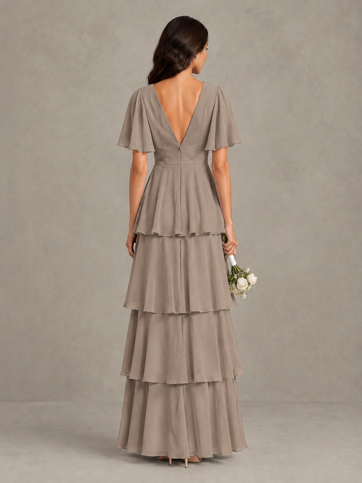 BOLODOO Taupe Tiered Flutter Sleeve Bridesmaid Dress - Taupe - Taupe_2
