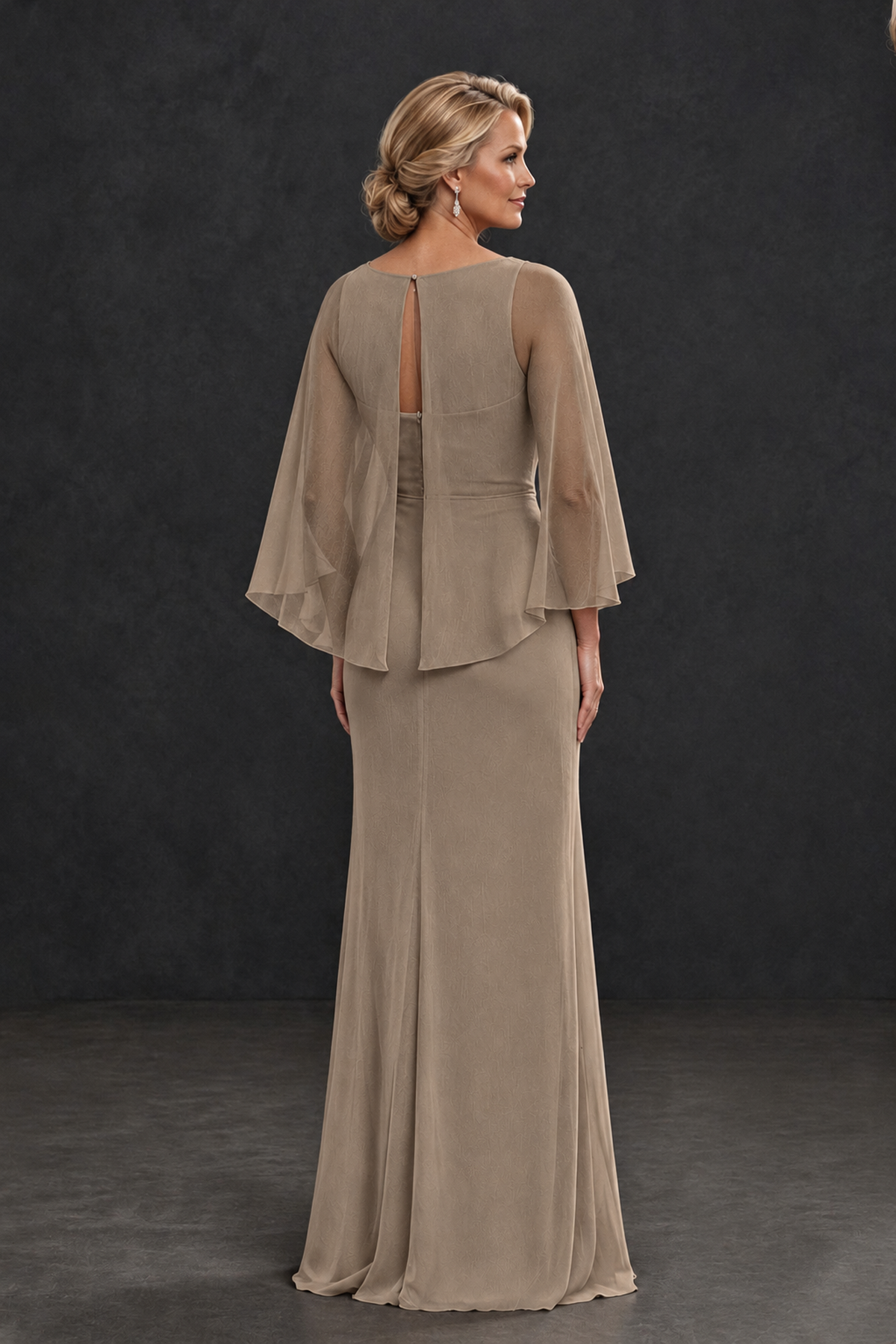 BOLODOO Taupe Cape Sleeve Mother of the Bride Dress with Ruched Waist - Taupe - Taupe_2