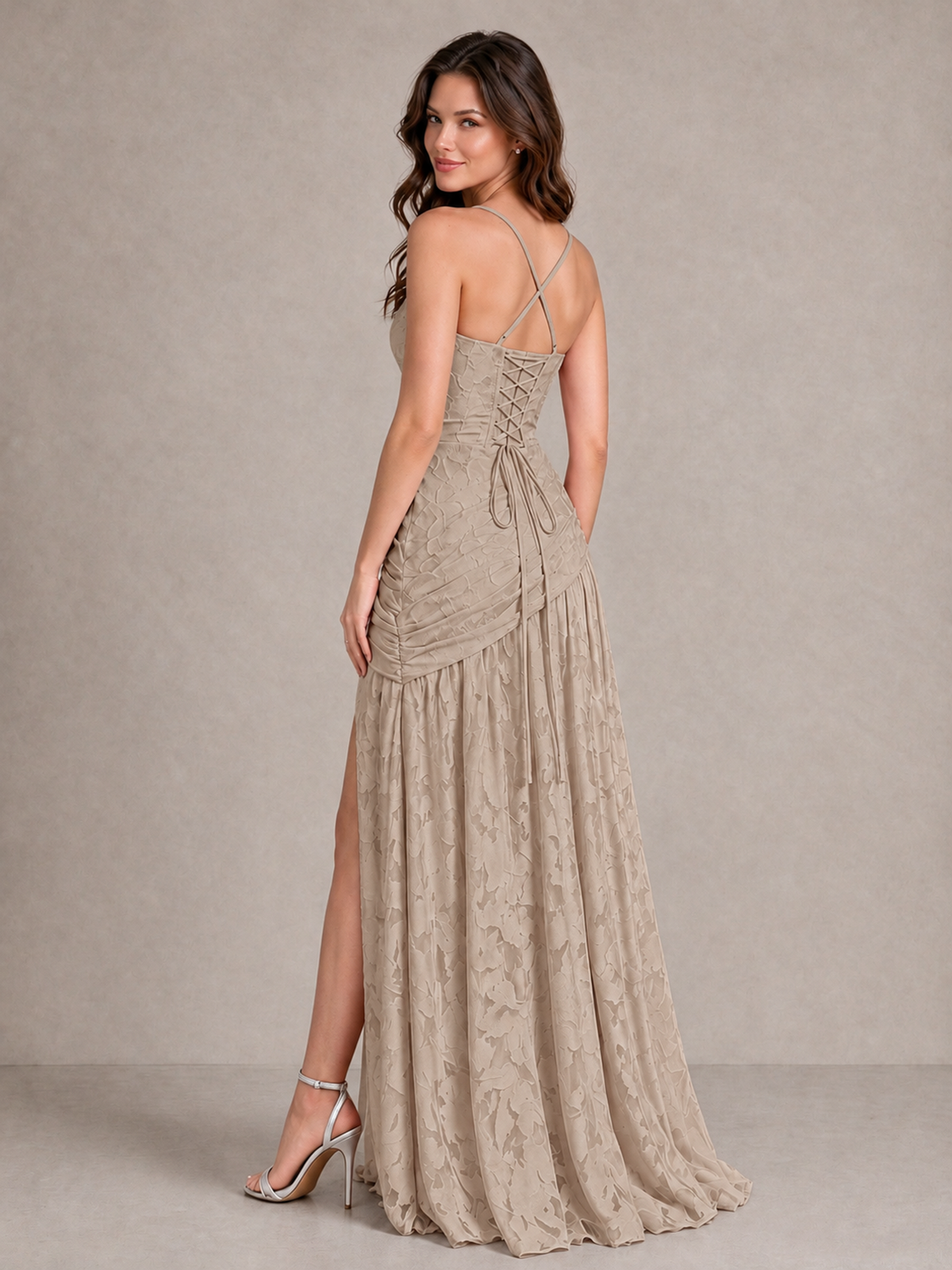 BOLODOO Taupe Floral Jacquard Bridesmaid Dress with Square Neck, Lace-Up Back & High Slit - Taupe - Taupe_2