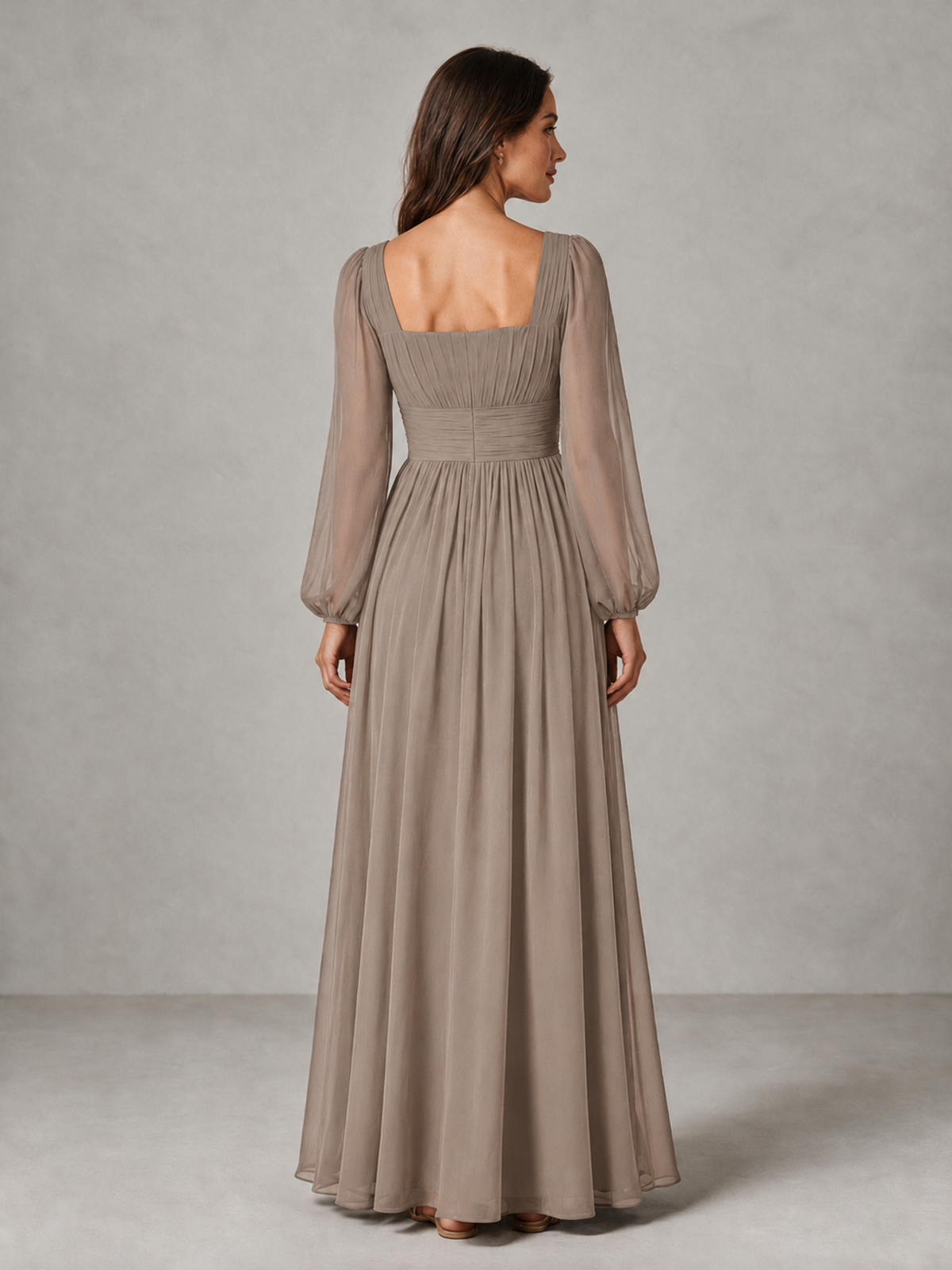 BOLODOO Taupe Square Neck Long Sleeve Chiffon Bridesmaid Dress - Taupe - Taupe_2