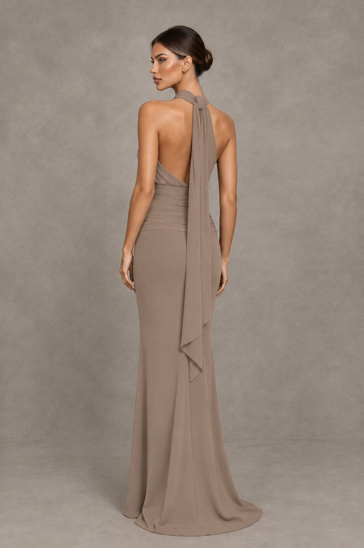 BOLODOO Taupe Chiffon Halter Maxi Formal Wedding Guest Dress - Taupe - Taupe_2