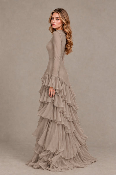 Taupe Long Sleeve Tiered Ruffle Evening Gown - Taupe - Taupe_2