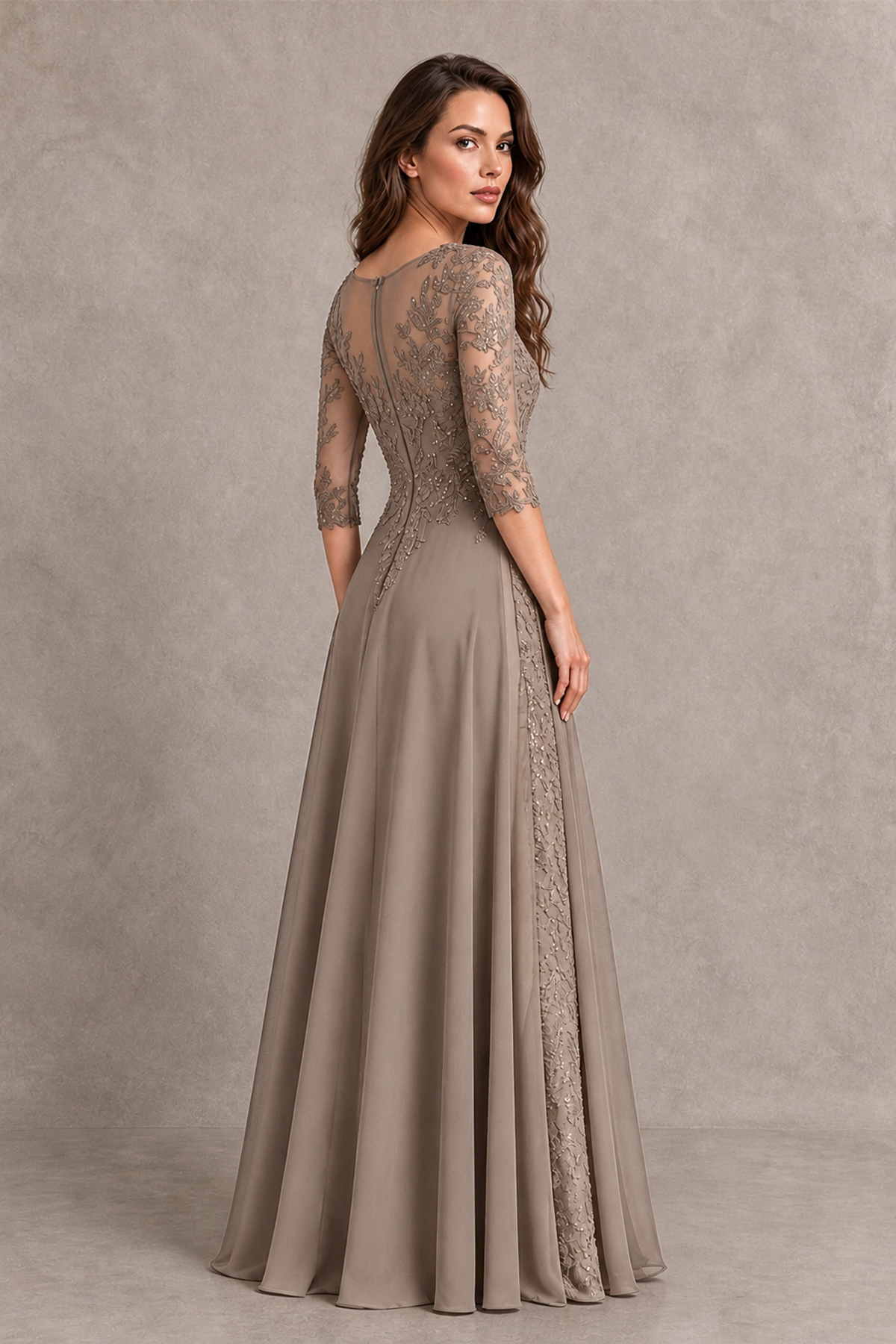 BOLODOO Midnight Taupe Beaded Lace Appliqué Chiffon A-Line Gown | Mother of the Bride & Formal Evening Dress - Taupe - Taupe_2