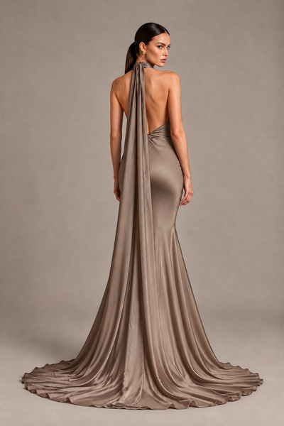 BOLODOO Taupe One-Shoulder Satin Mermaid Evening Dress with Scarf - Taupe - Taupe_2