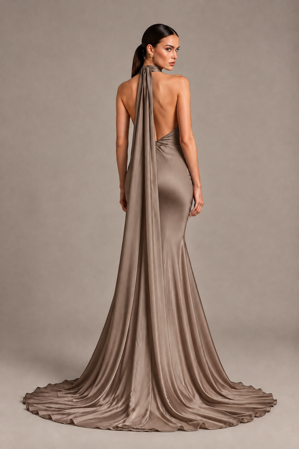 BOLODOO Taupe One-Shoulder Satin Mermaid Evening Dress with Scarf - Taupe - Taupe_2