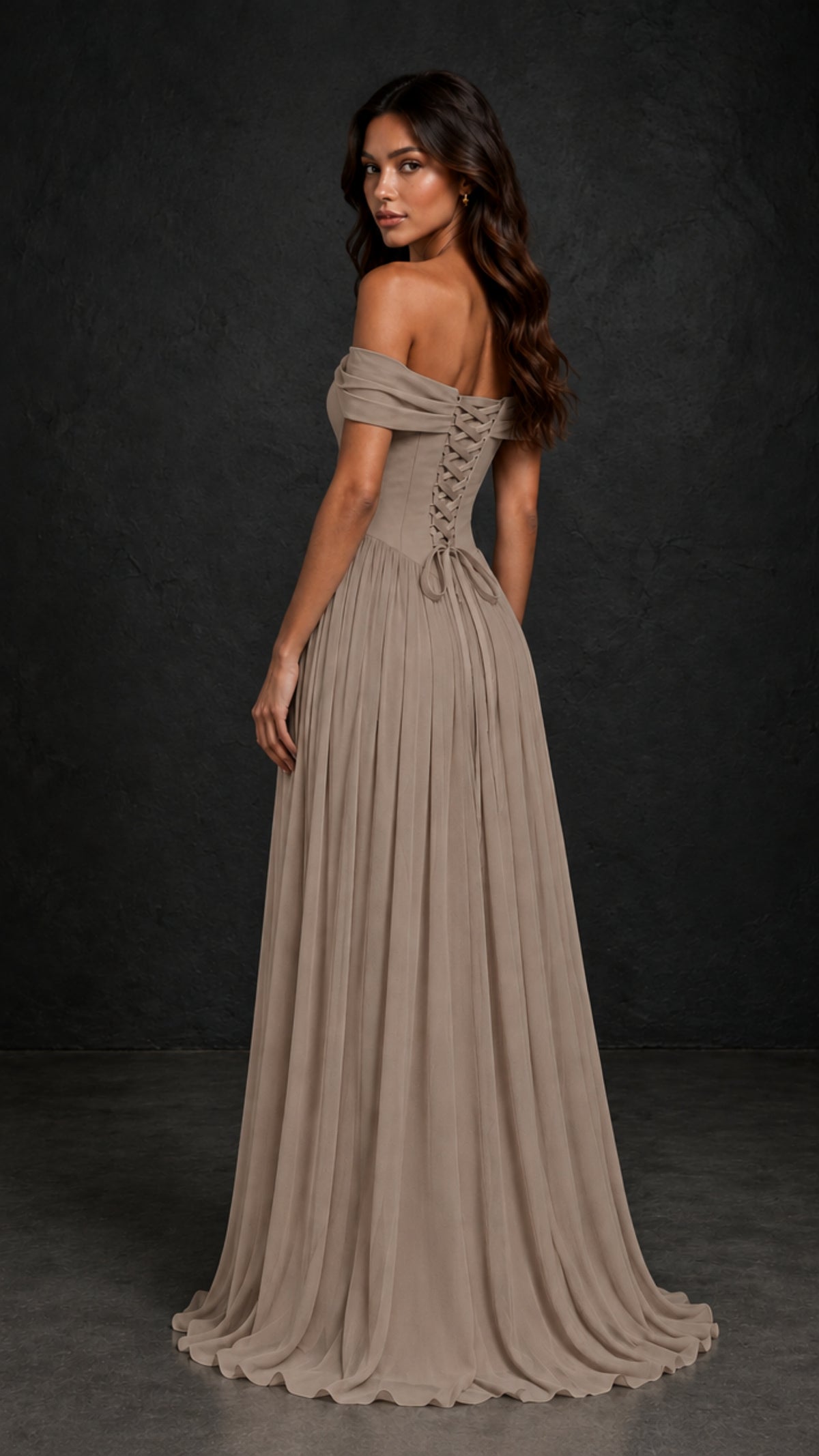 BOLODOO Taupe Off-Shoulder Sweetheart Corset Pleated Chiffon Maxi Dress - Taupe