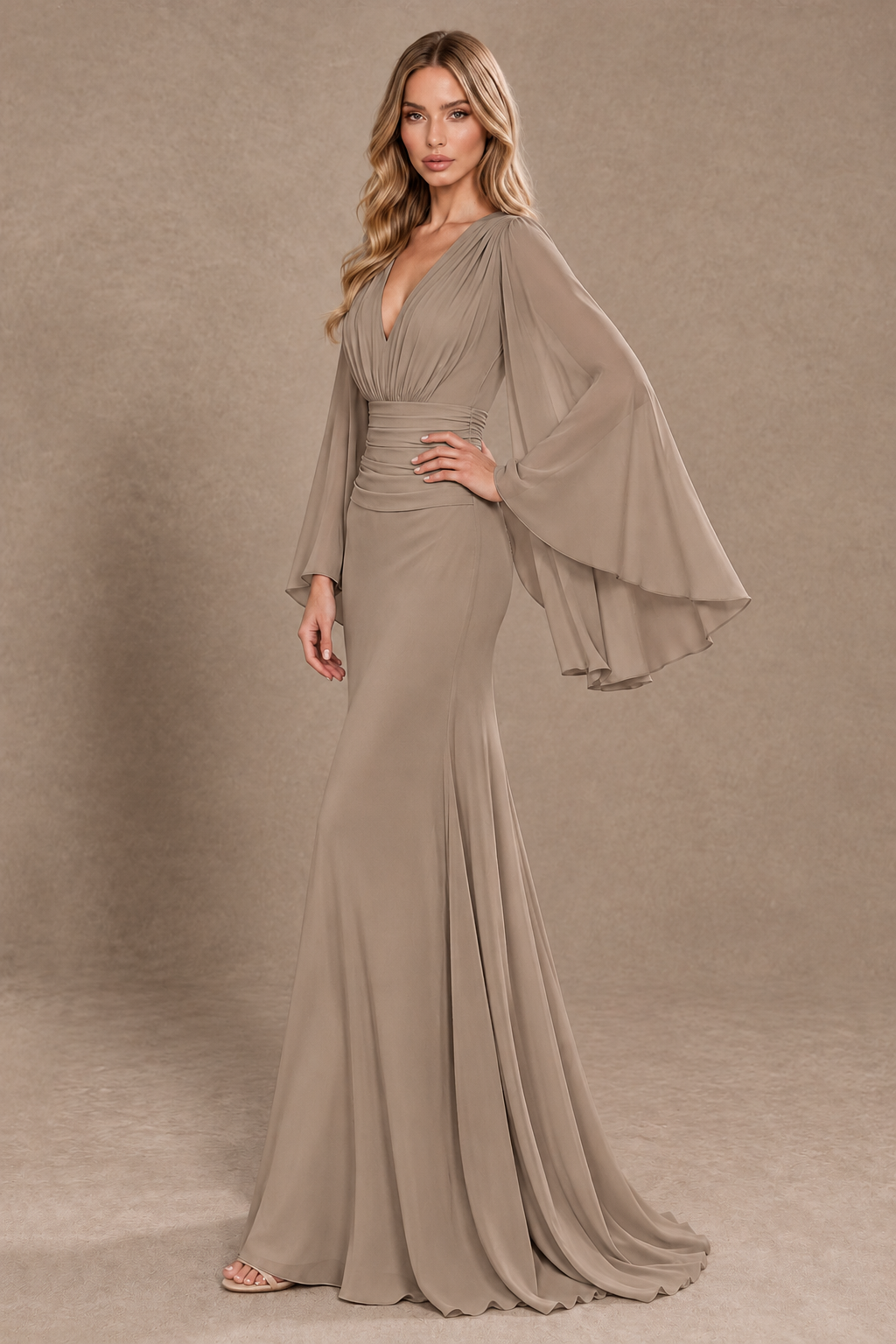 BOLODOO Taupe Cape Sleeve V-Neck Ruched Chiffon Evening Dress - Taupe - Taupe_2