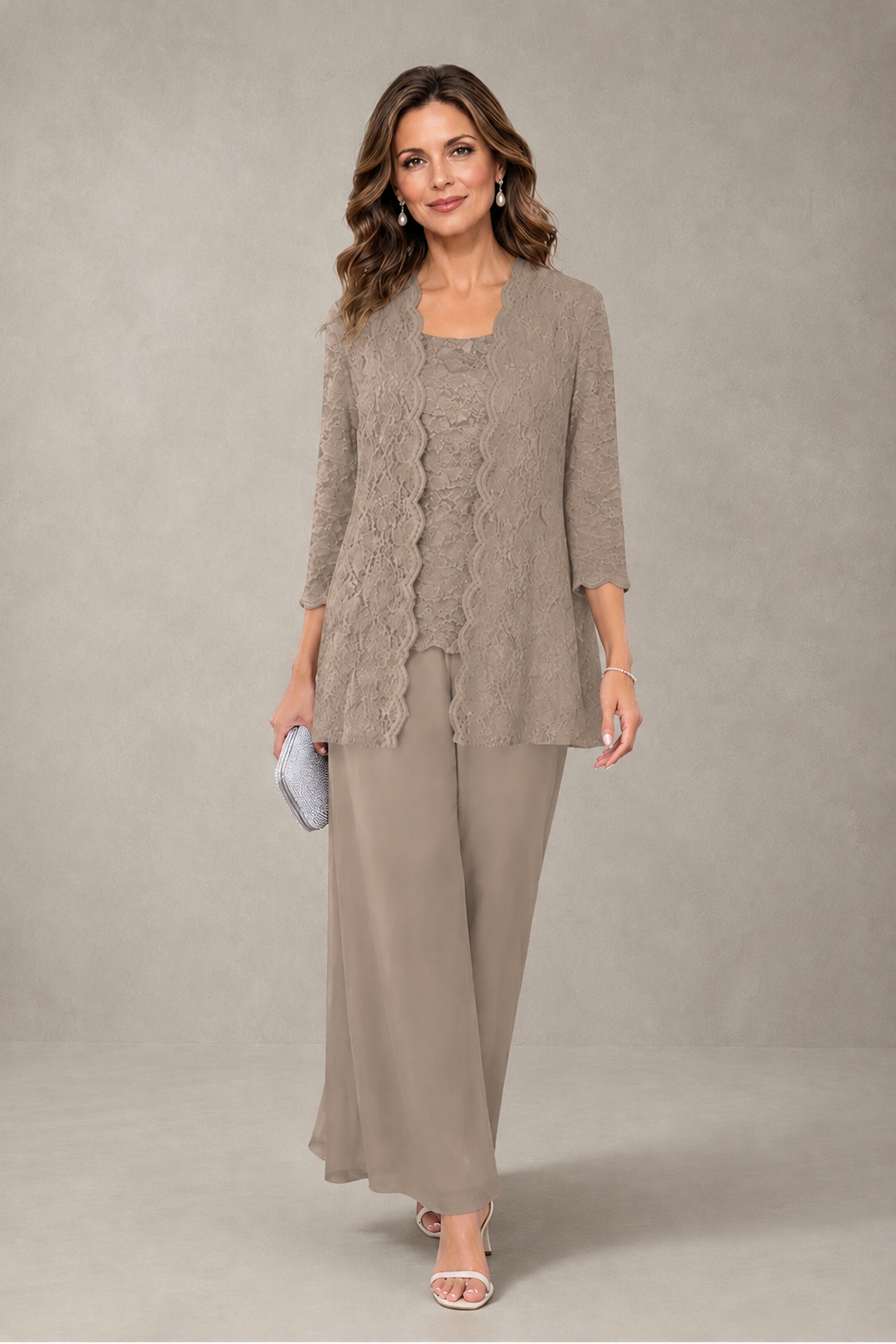 BOLODOO Taupe 3-Piece Lace Chiffon Pantsuit – Mother of the Bride Wedding Guest with Jacket - Taupe