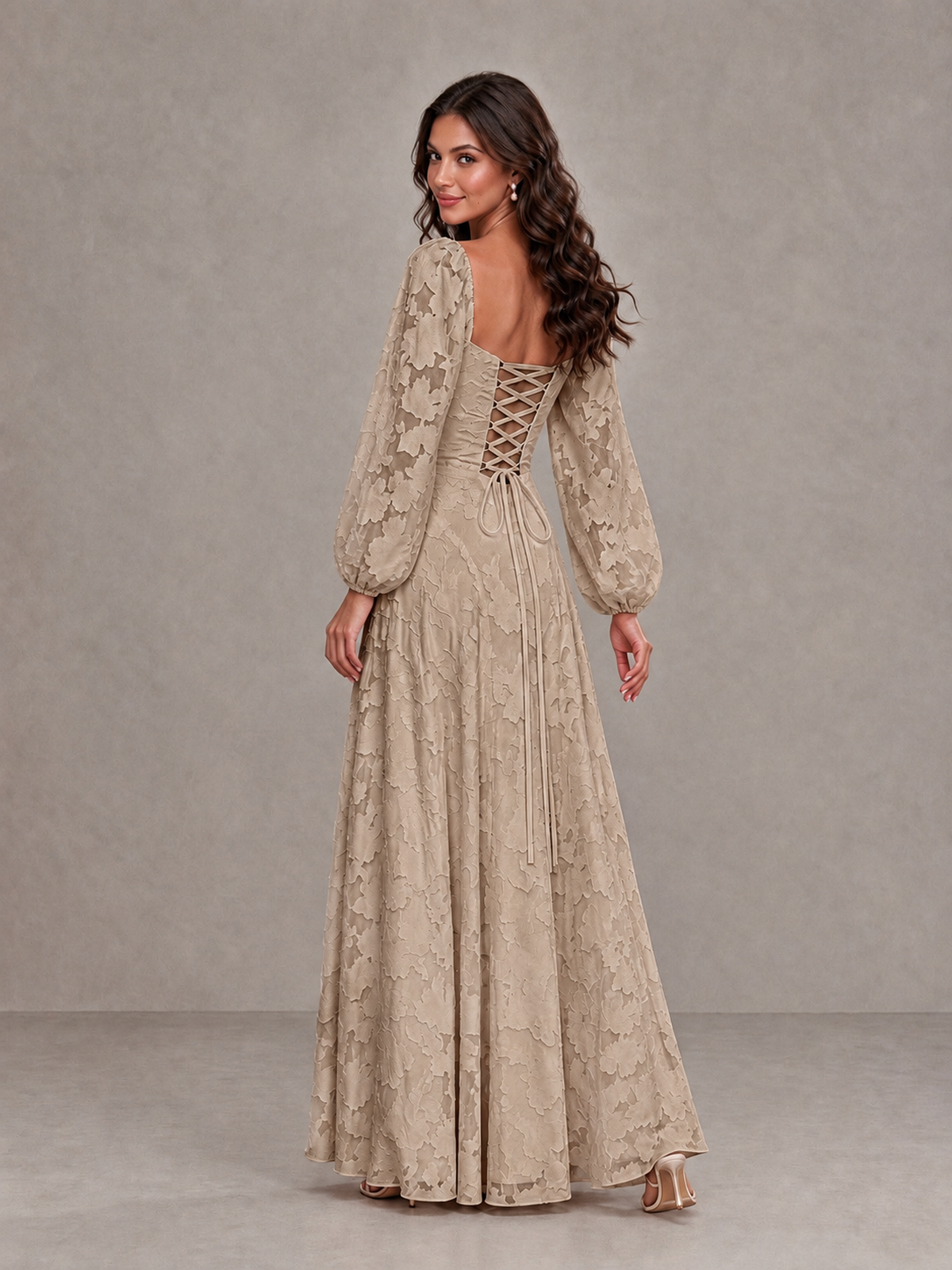 BOLODOO Taupe Floral Long Sleeve A-Line Bridesmaid Dress - Taupe - Taupe_2